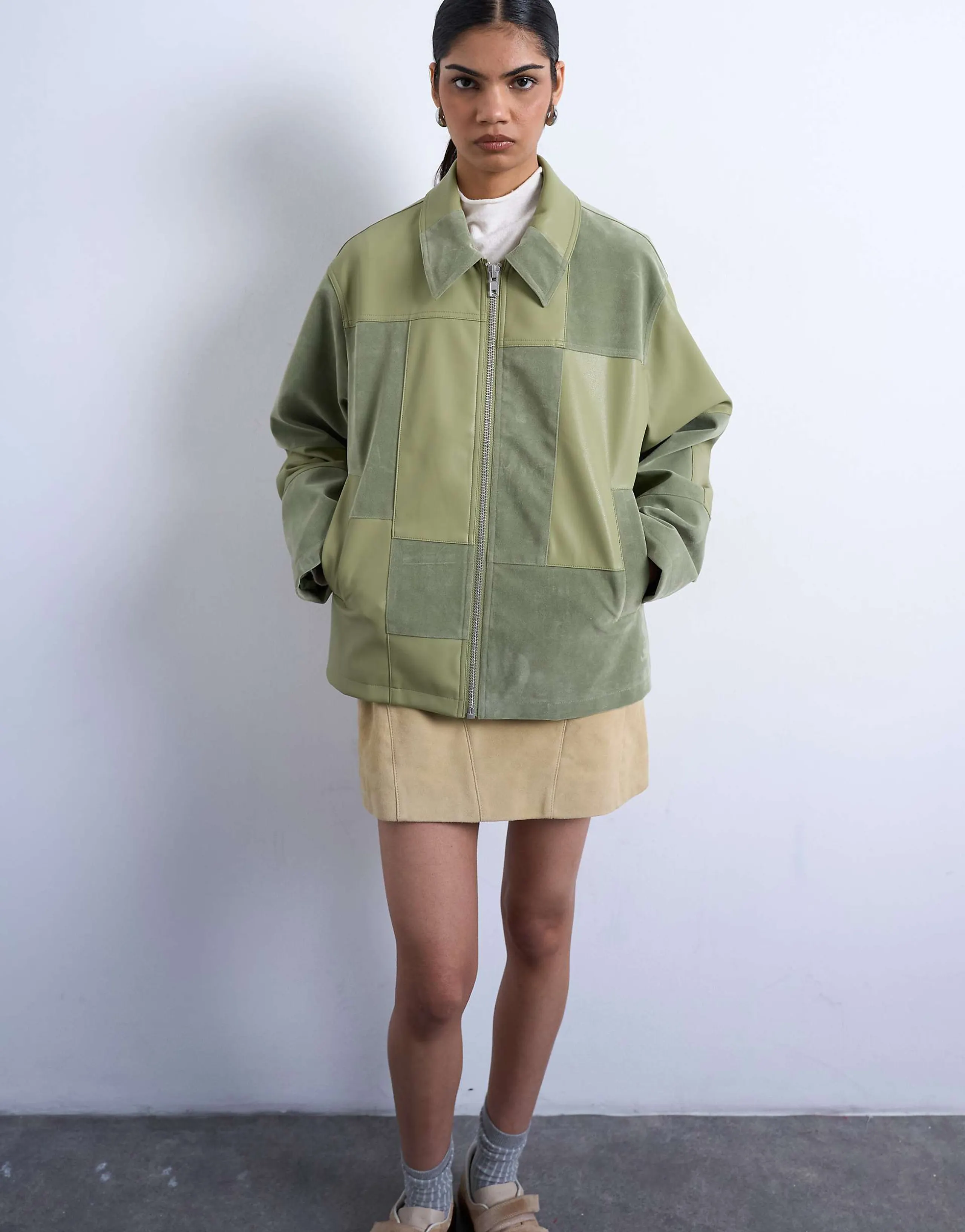 Topshop faux suede patchwork zip up jacket in green