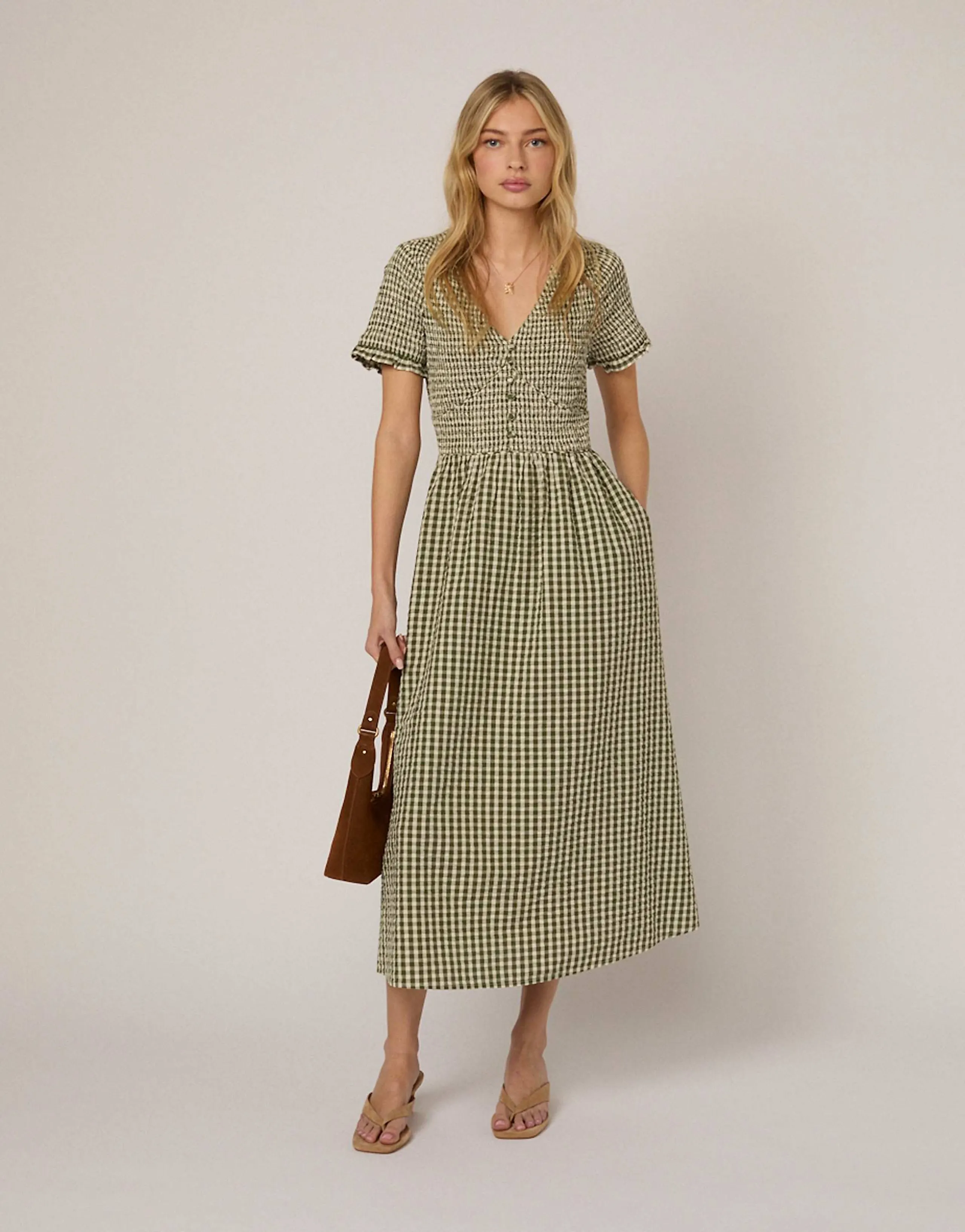 Nobody's Child Eliza v-neck short sleeve midi dress in green gingham