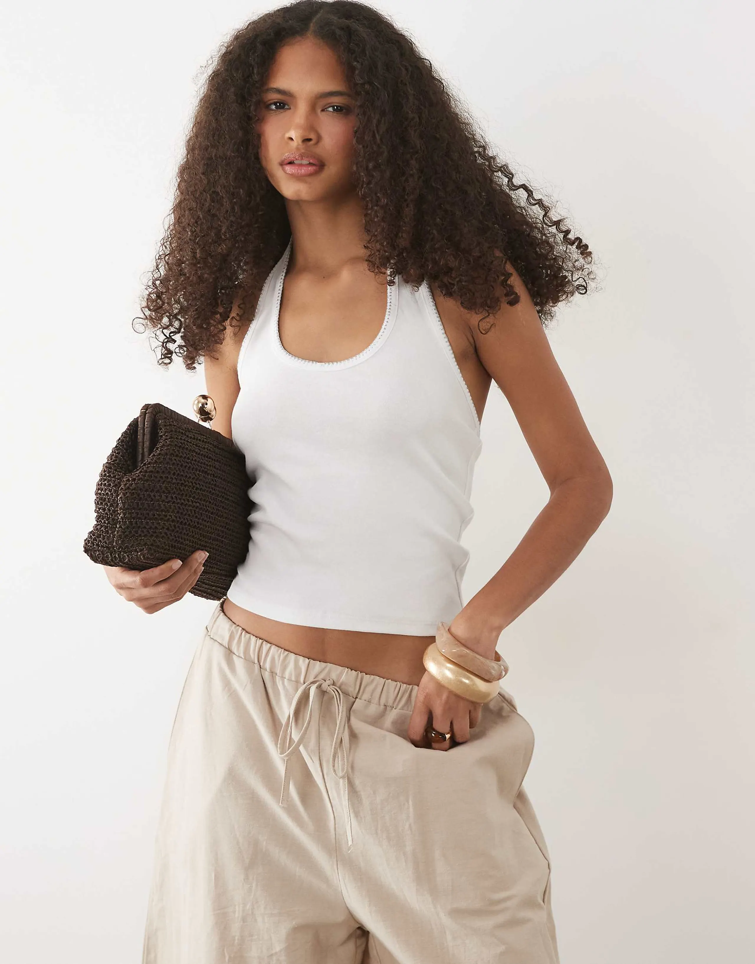 Mango Teen cotton rich halterneck top with stitch detailing in white