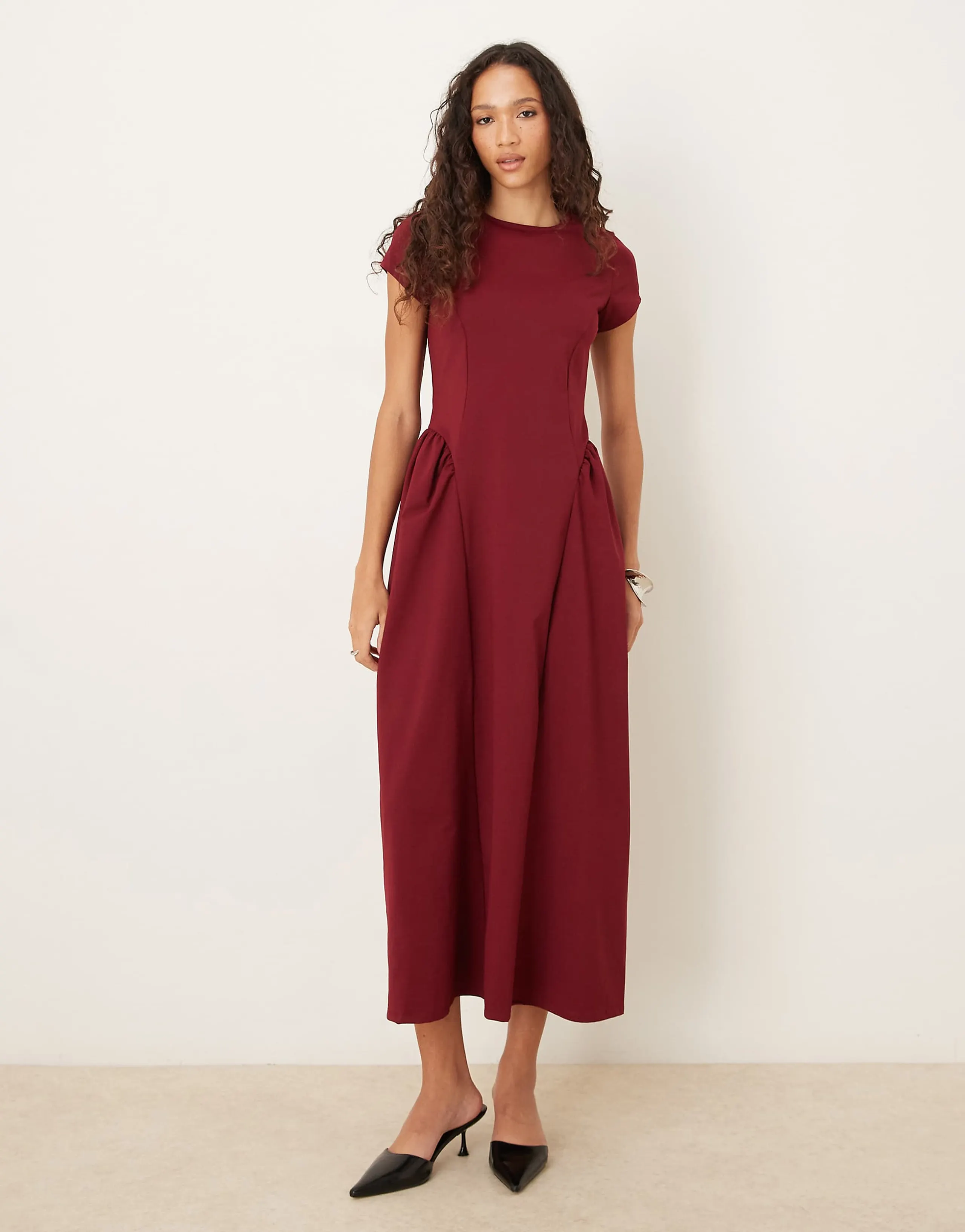 ASOS DESIGN slash neck cap sleeve curved seam detailing midi dress in burgundy