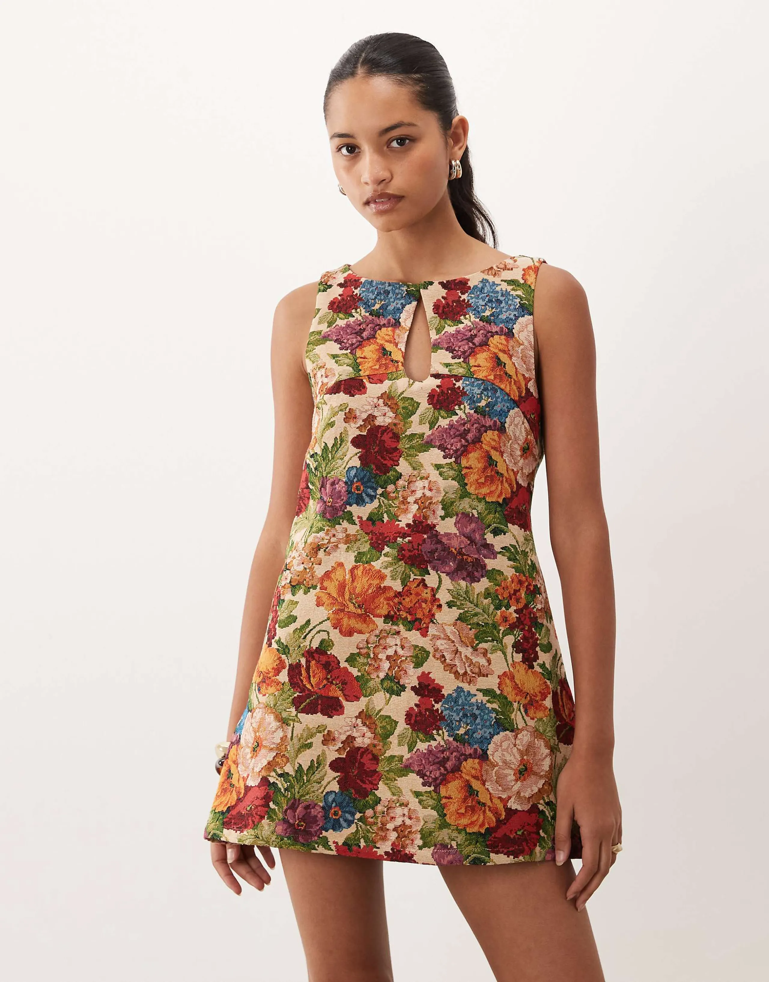 ASOS DESIGN tapestry slash neck keyhole mini dress in tapestry