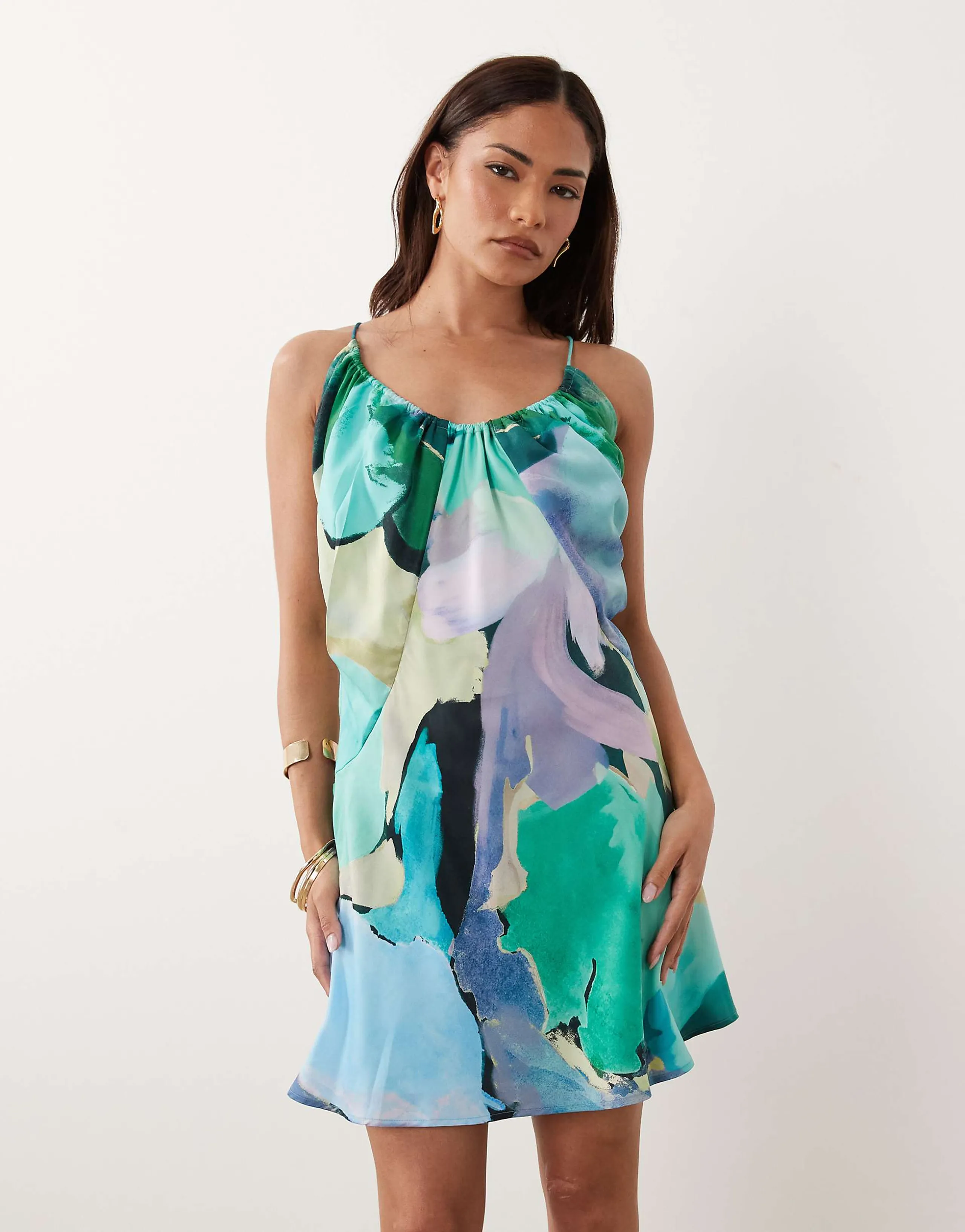 ASOS DESIGN Petite bias cut scoop neck low back satin mini dress in blue & red abstract floral