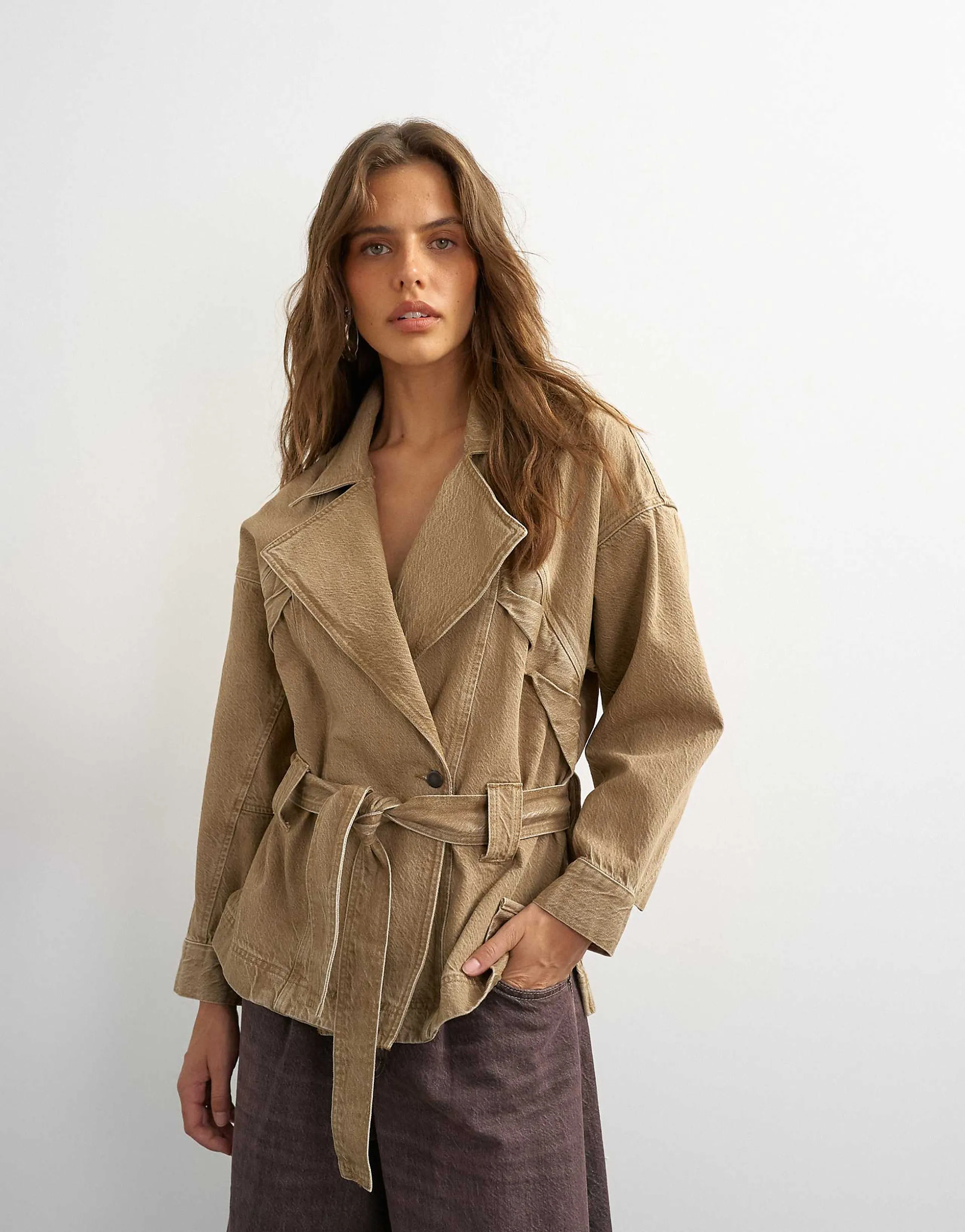 Topshop x Cara denim cropped trench jacket in washed beige