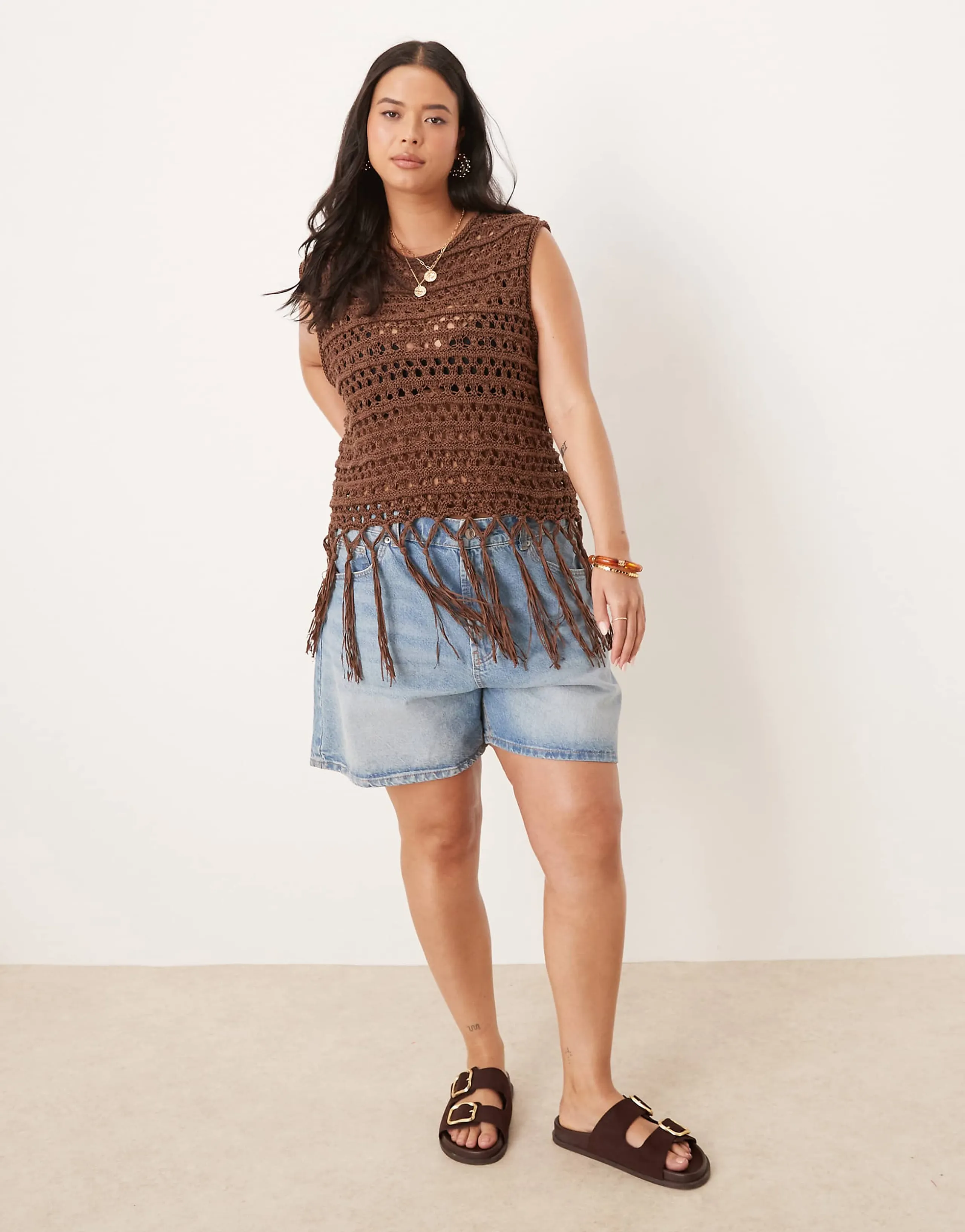 ASOS DESIGN Curve knit stitch tank with fringe detail in chocolate