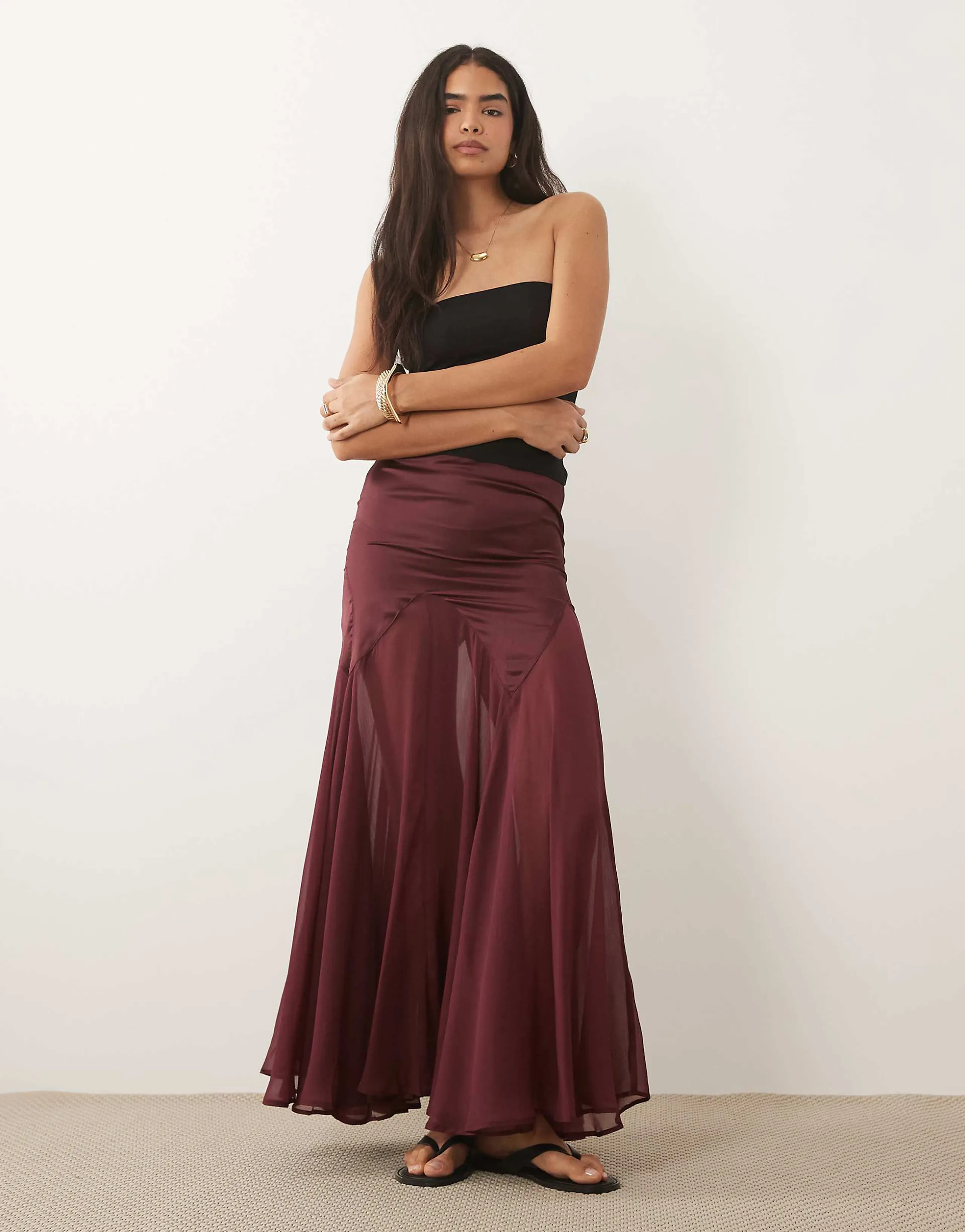 ASOS DESIGN satin and chiffon mix fishtail skirt in plum