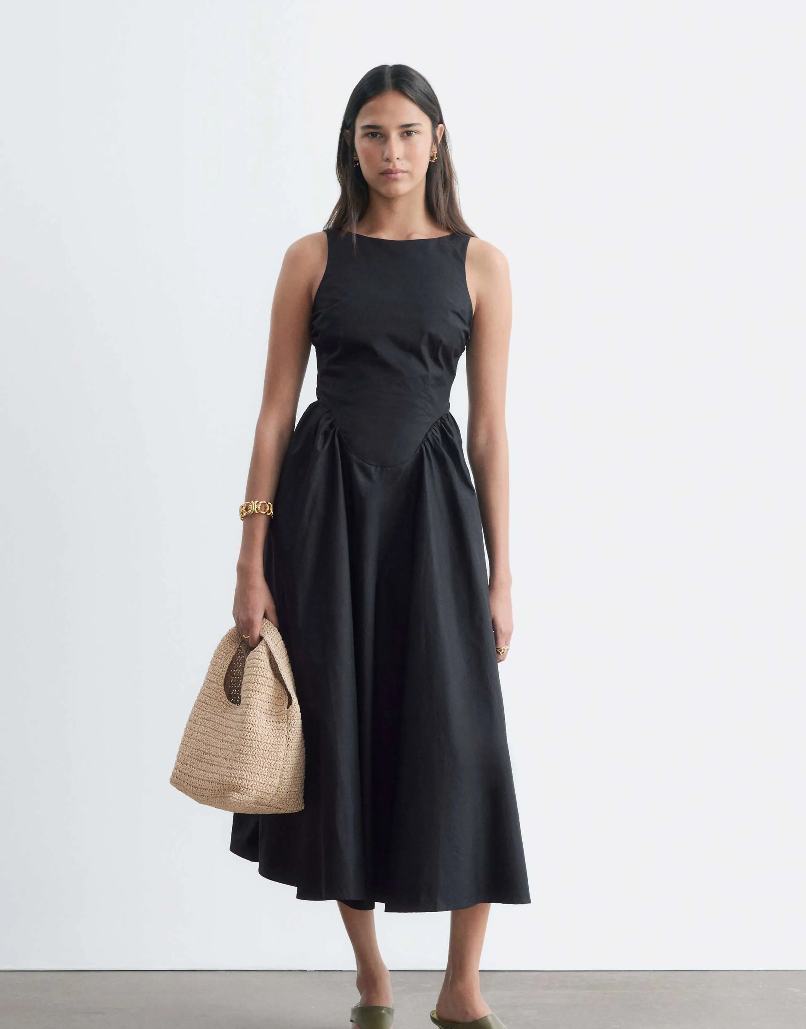 & Other Stories cotton maxi dress with drop waist and open back in black 