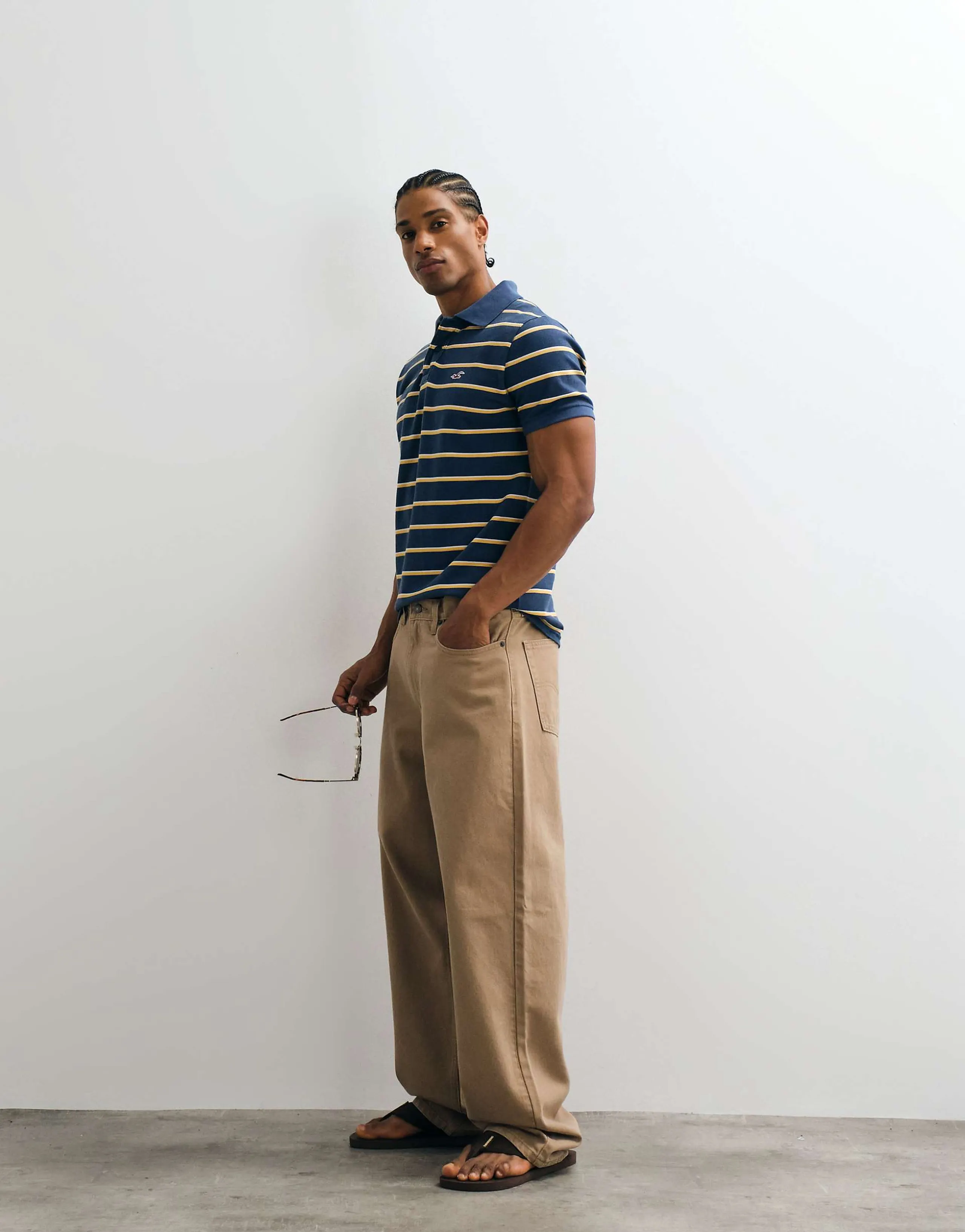 Hollister slim fit icon logo crew neck T-shirt in navy and yellow stripes