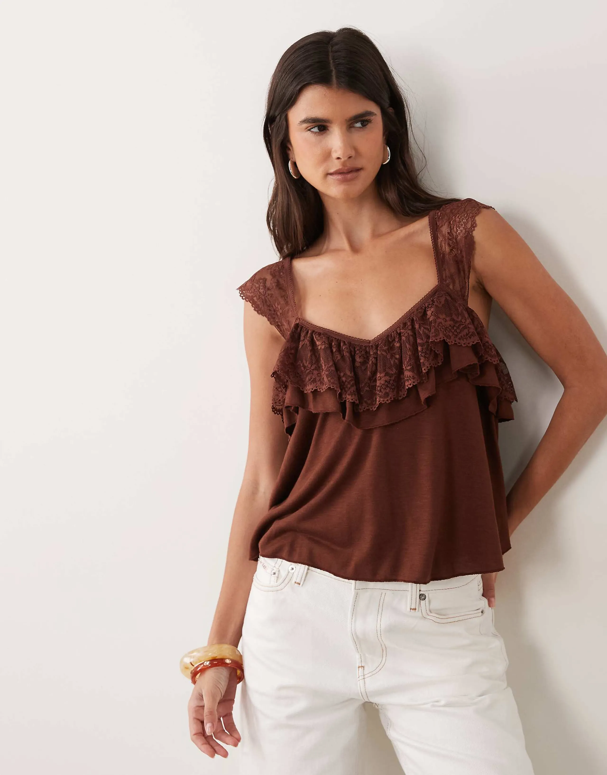 Miss Selfridge cami top with lace trim in chocolate brown