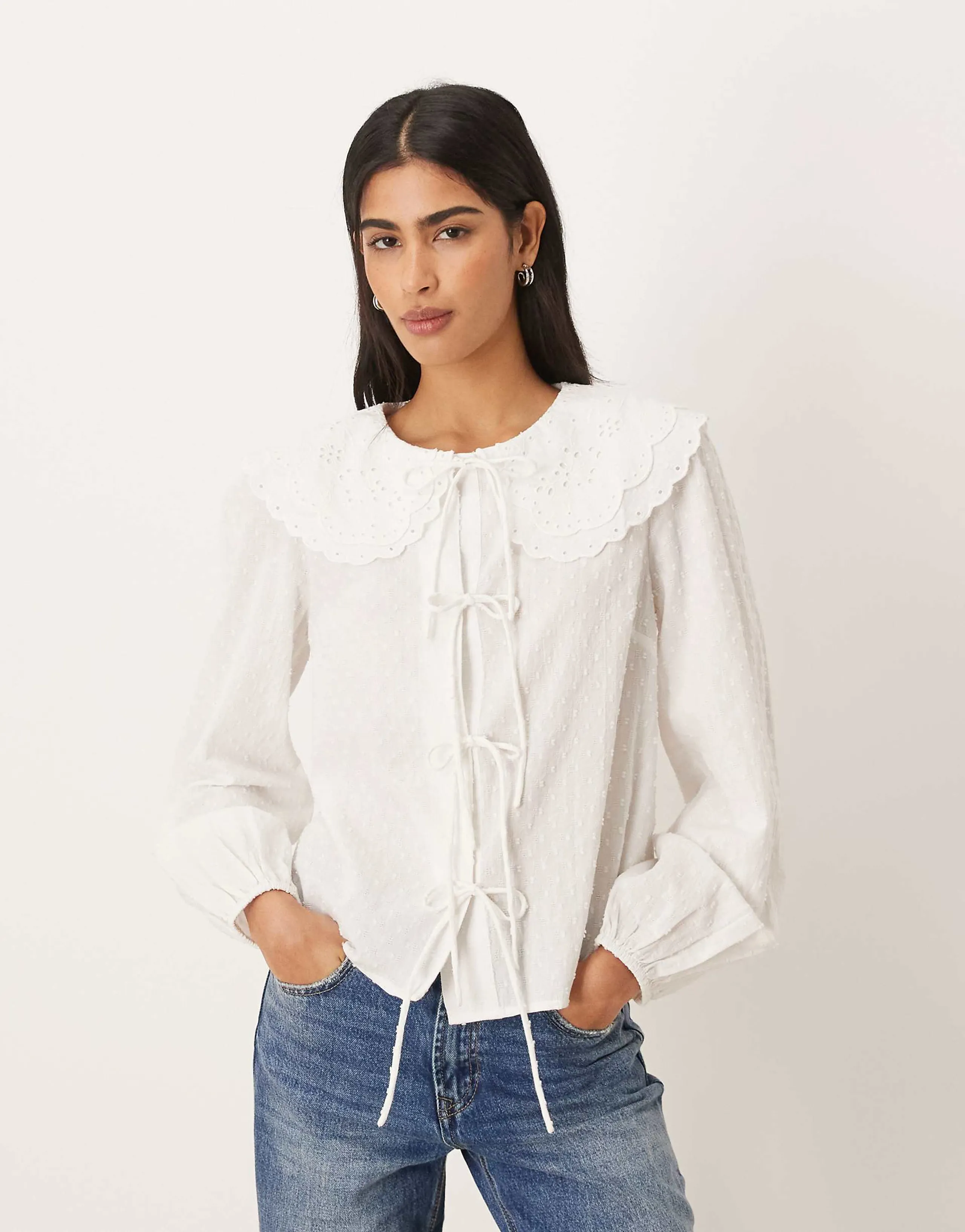 Nobody's Child Jolie broderie oversized collar textured tie front shirt in white