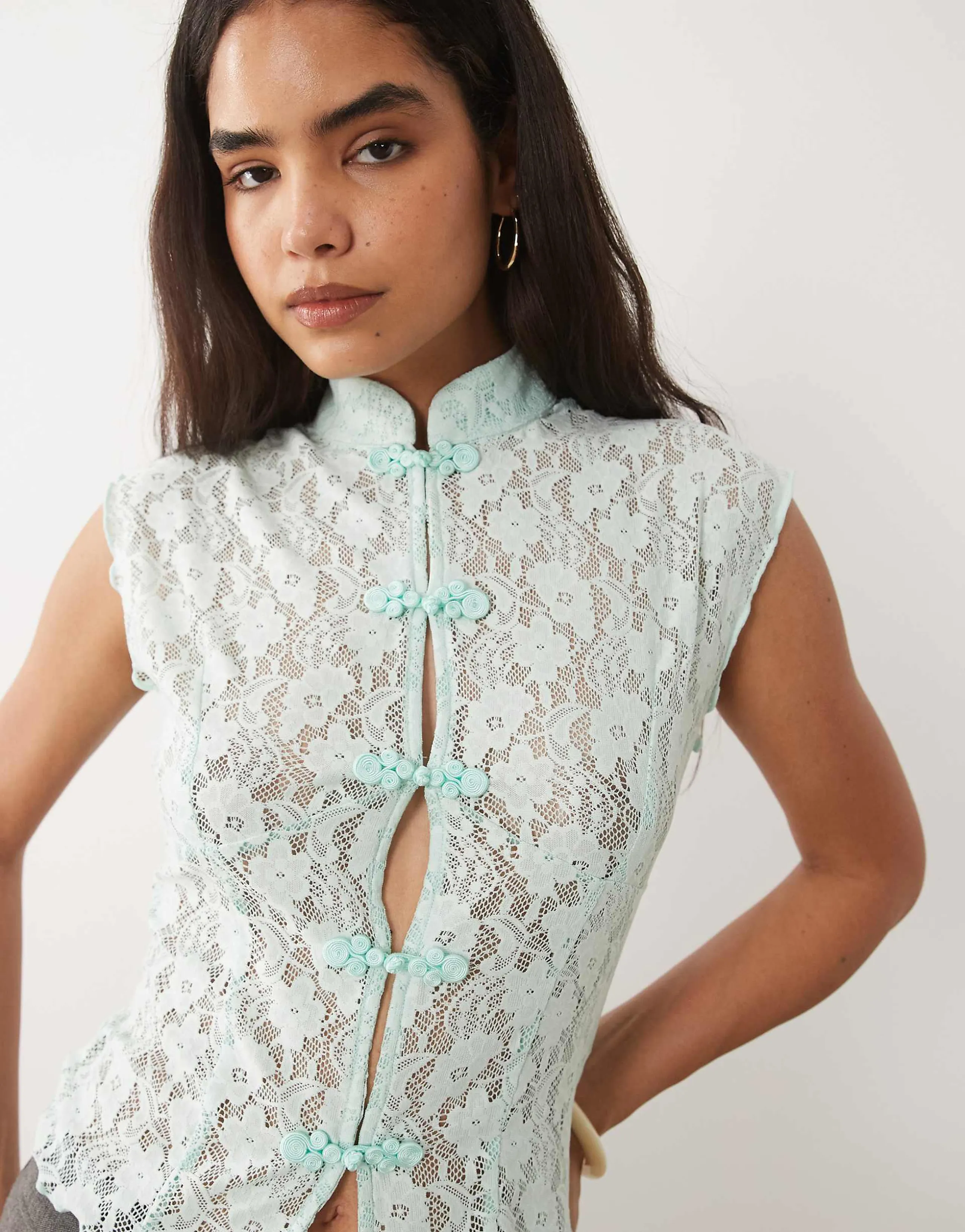 ASOS DESIGN lace rouleaux loop detail vest in blue
