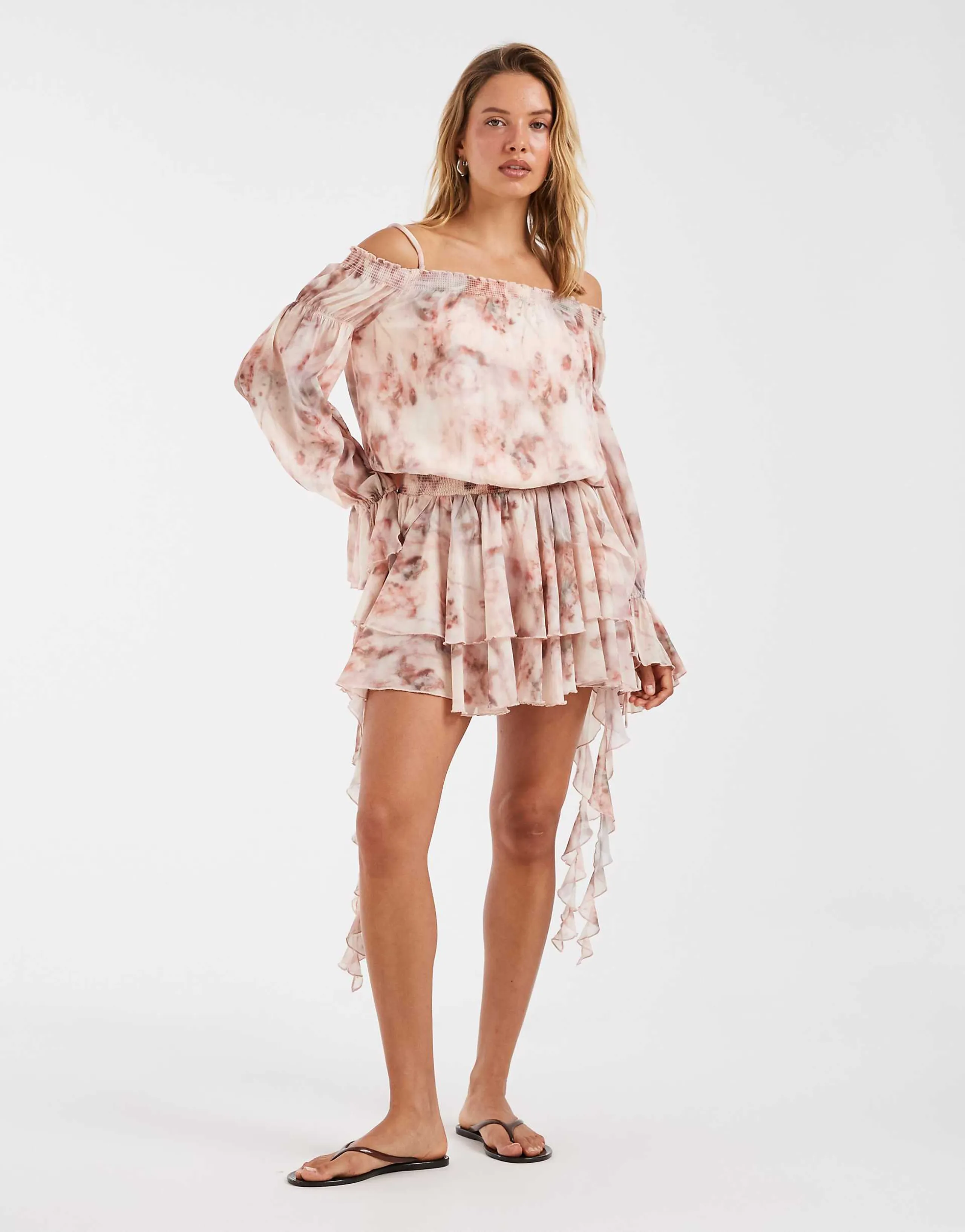 Kiss the Sky boho off the shoulder mini dress with asymmetric ruffles in pink multi