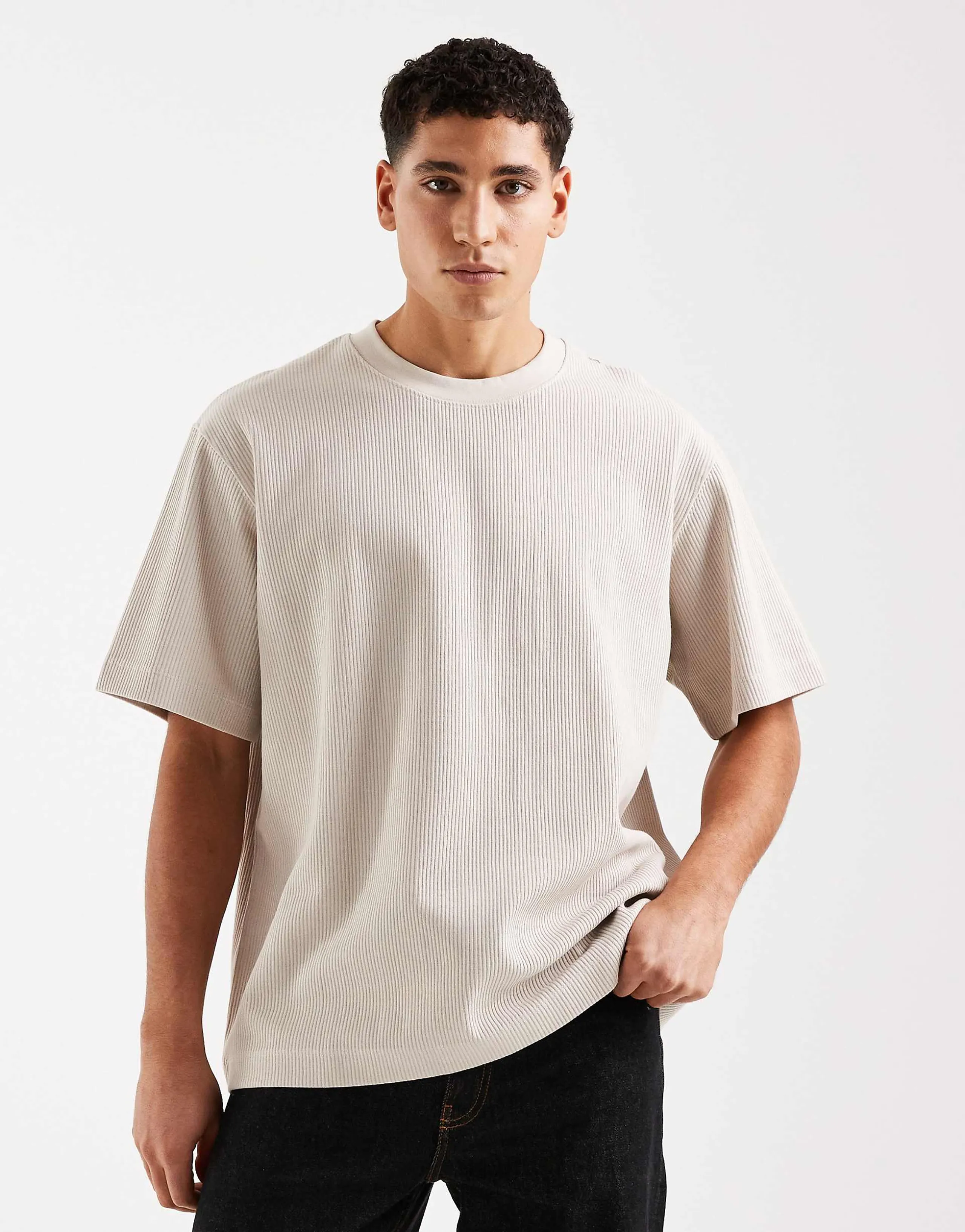 Jack & Jones ribbed oversized t-shirt in cream