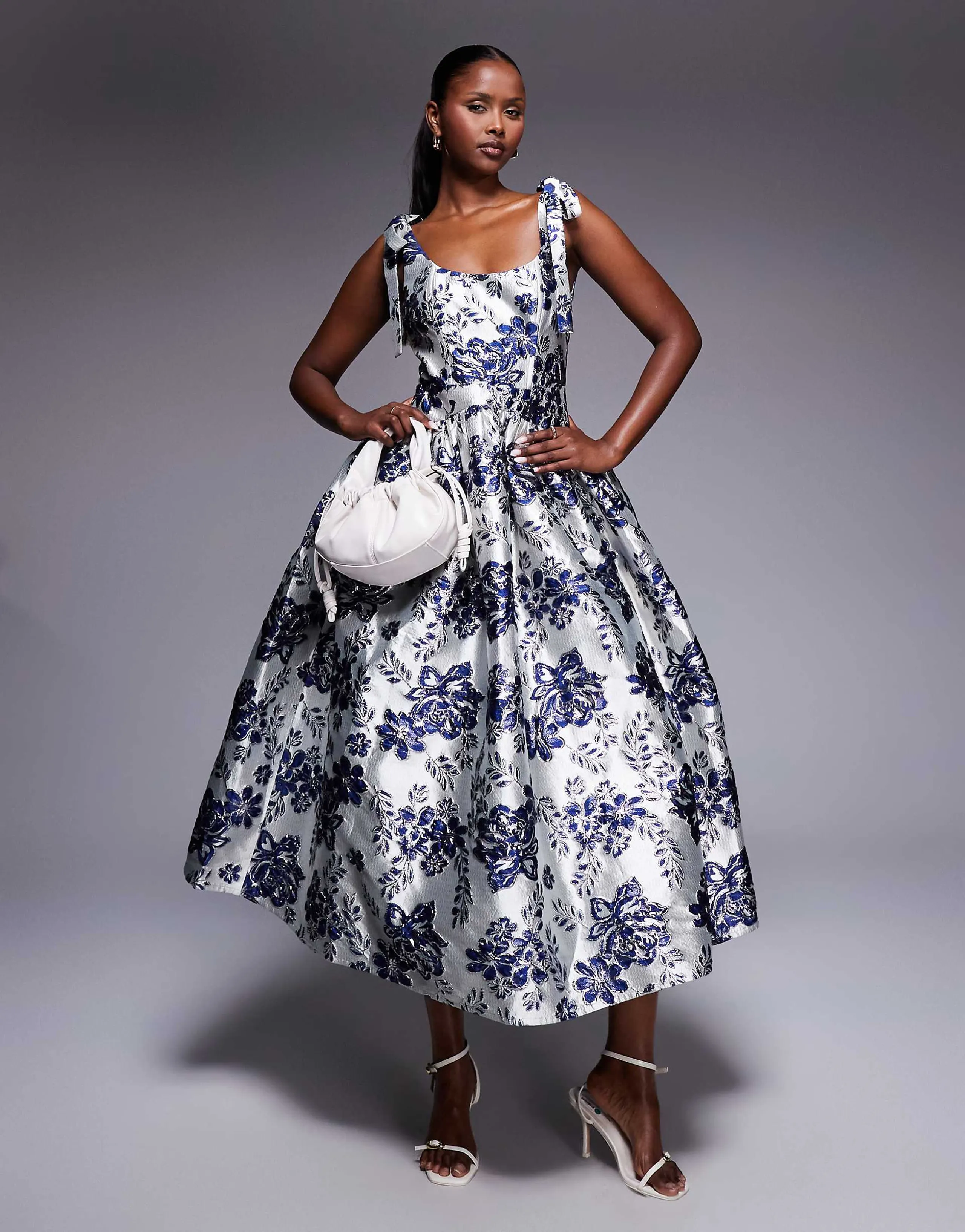 ASOS LUXE jacquard midi dress with full skirt in blue floral