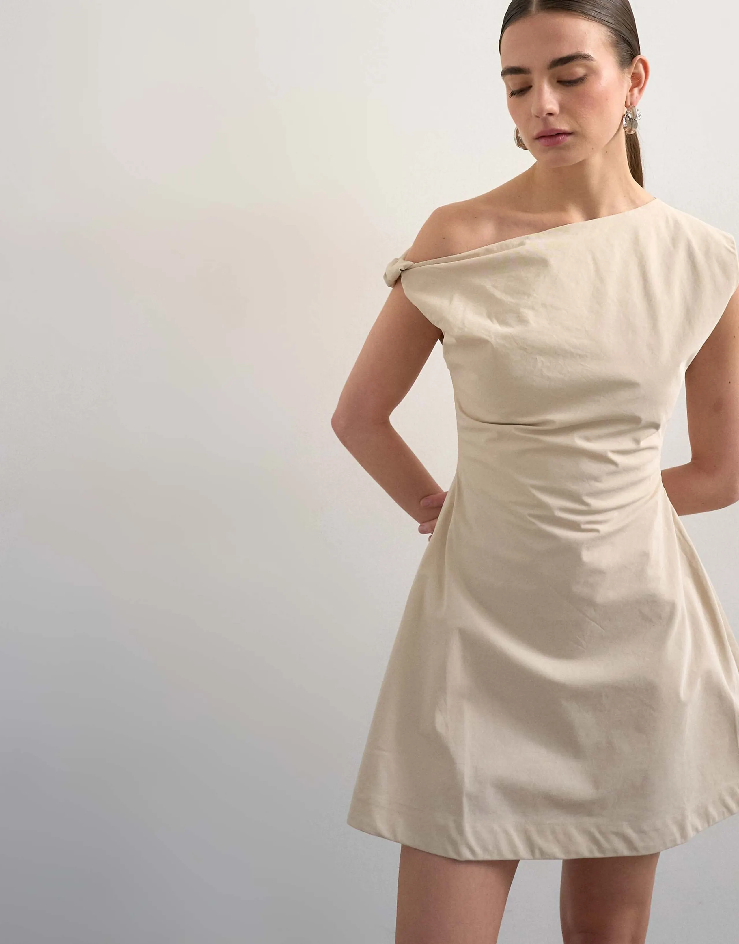 Topshop structured mini dress with twisted shoulder in off white