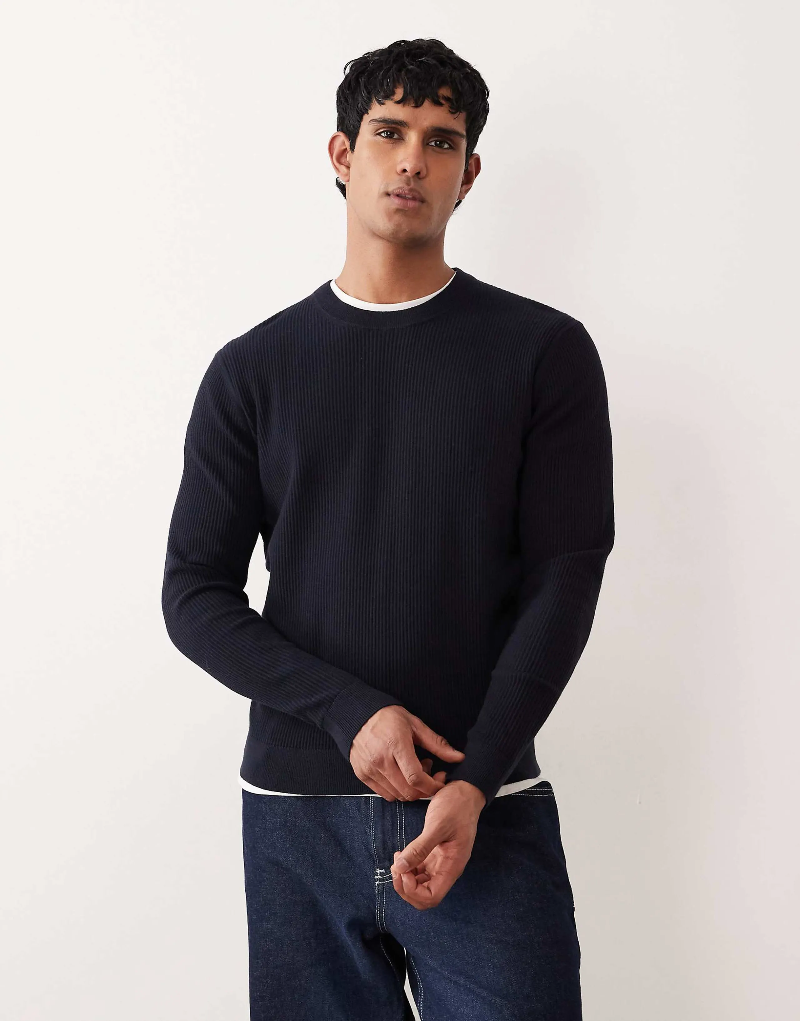 Mango cotton mix crew neck sweater in navy