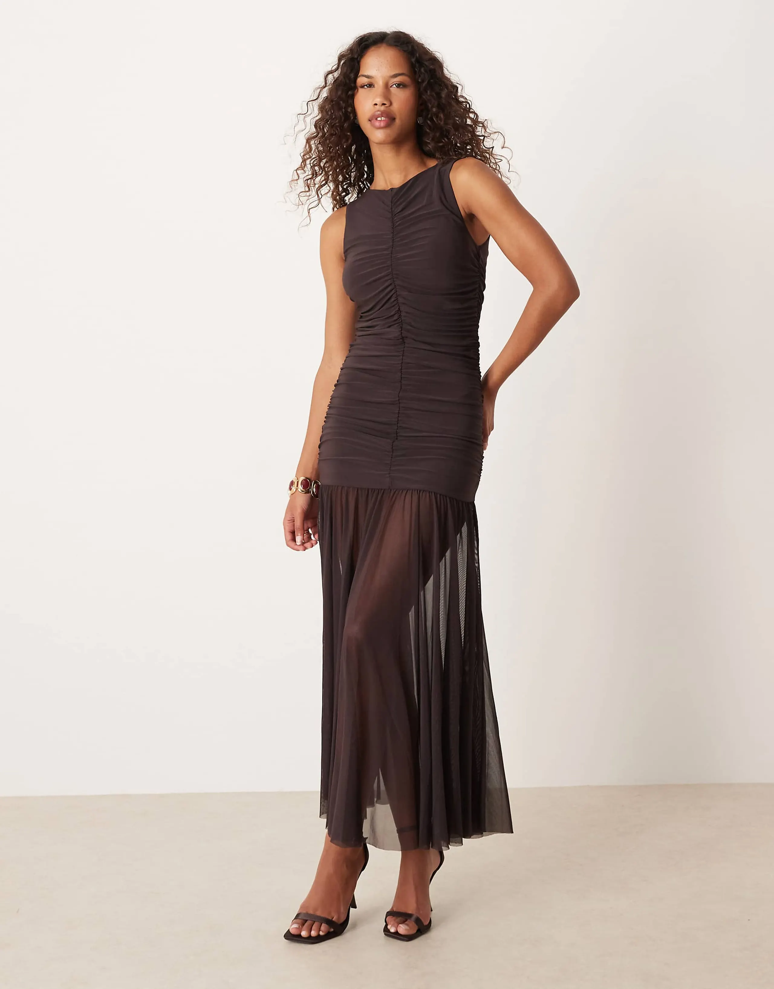 Gina Tricot sleeveless dropped waist midi dress in dark brown