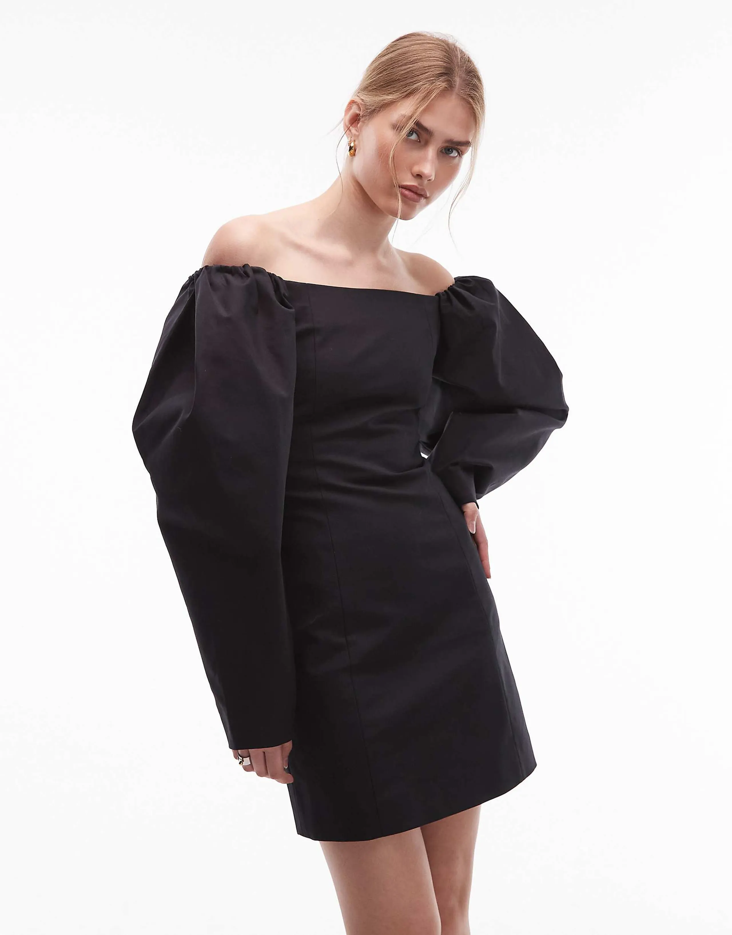 & Other Stories big volume sleeves off the shoulder fitted mini dress in black