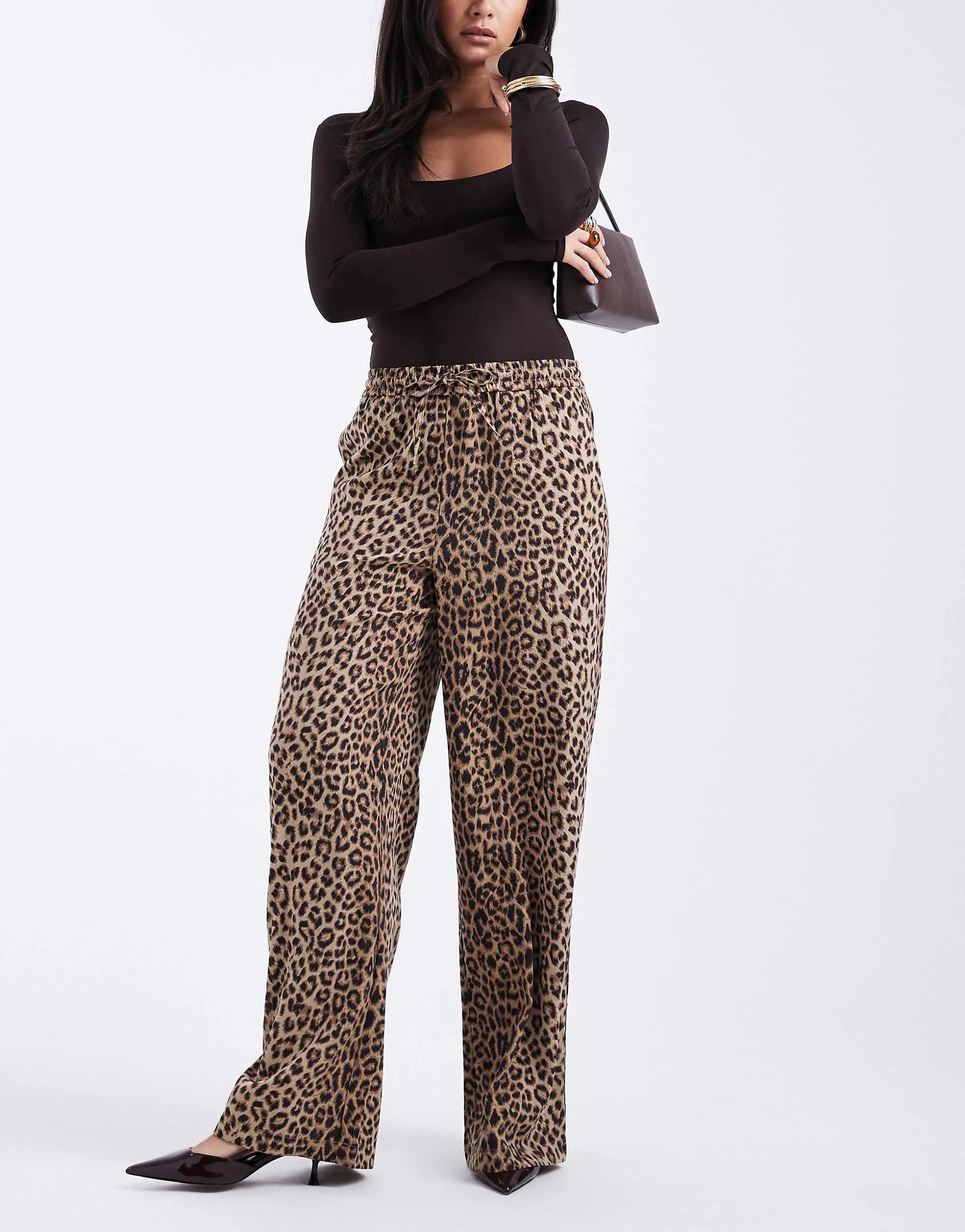 Pieces high waist wide leg pants in leopard print