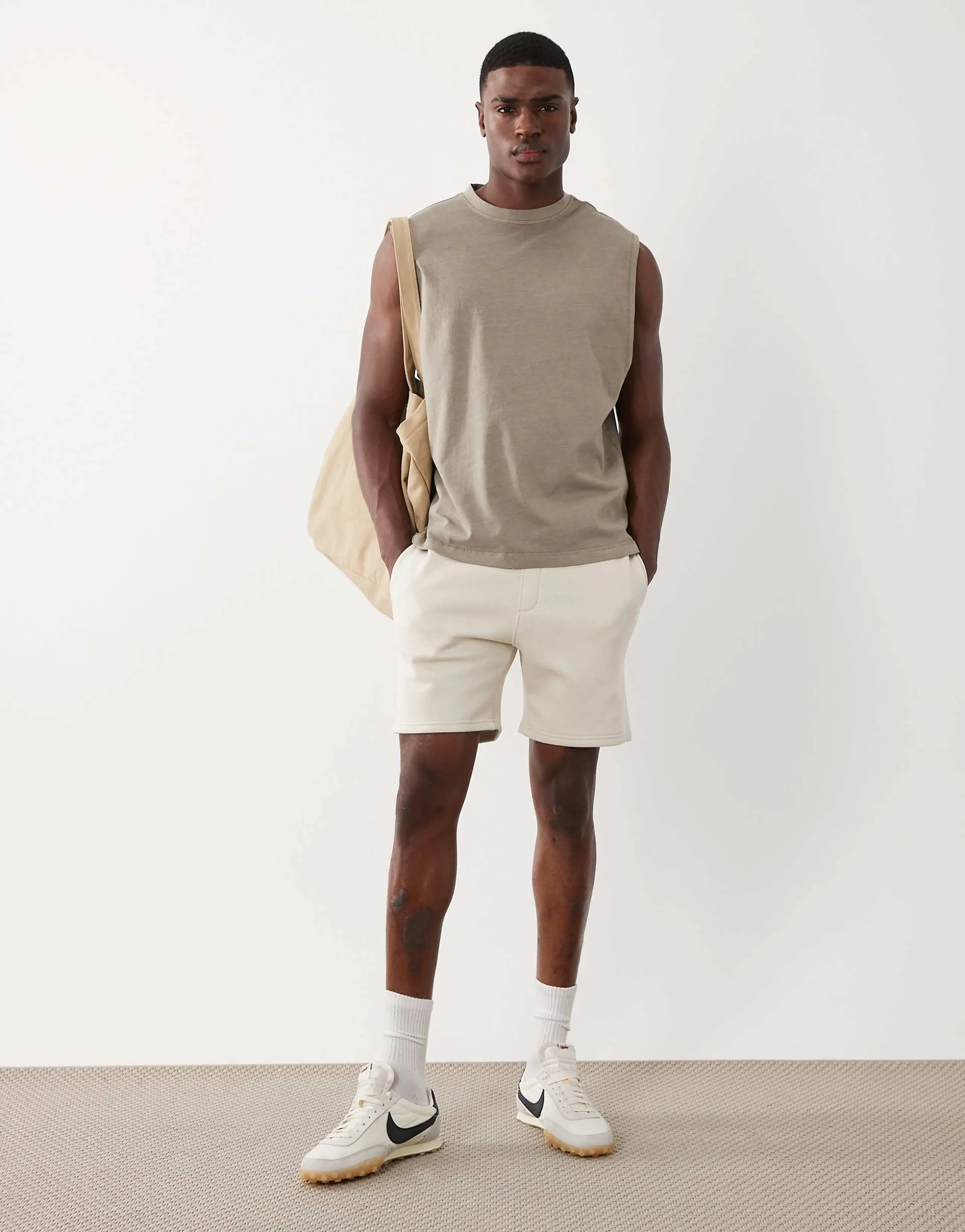 ASOS DESIGN Essentials slim mid length jersey shorts in off-white - part of a set
