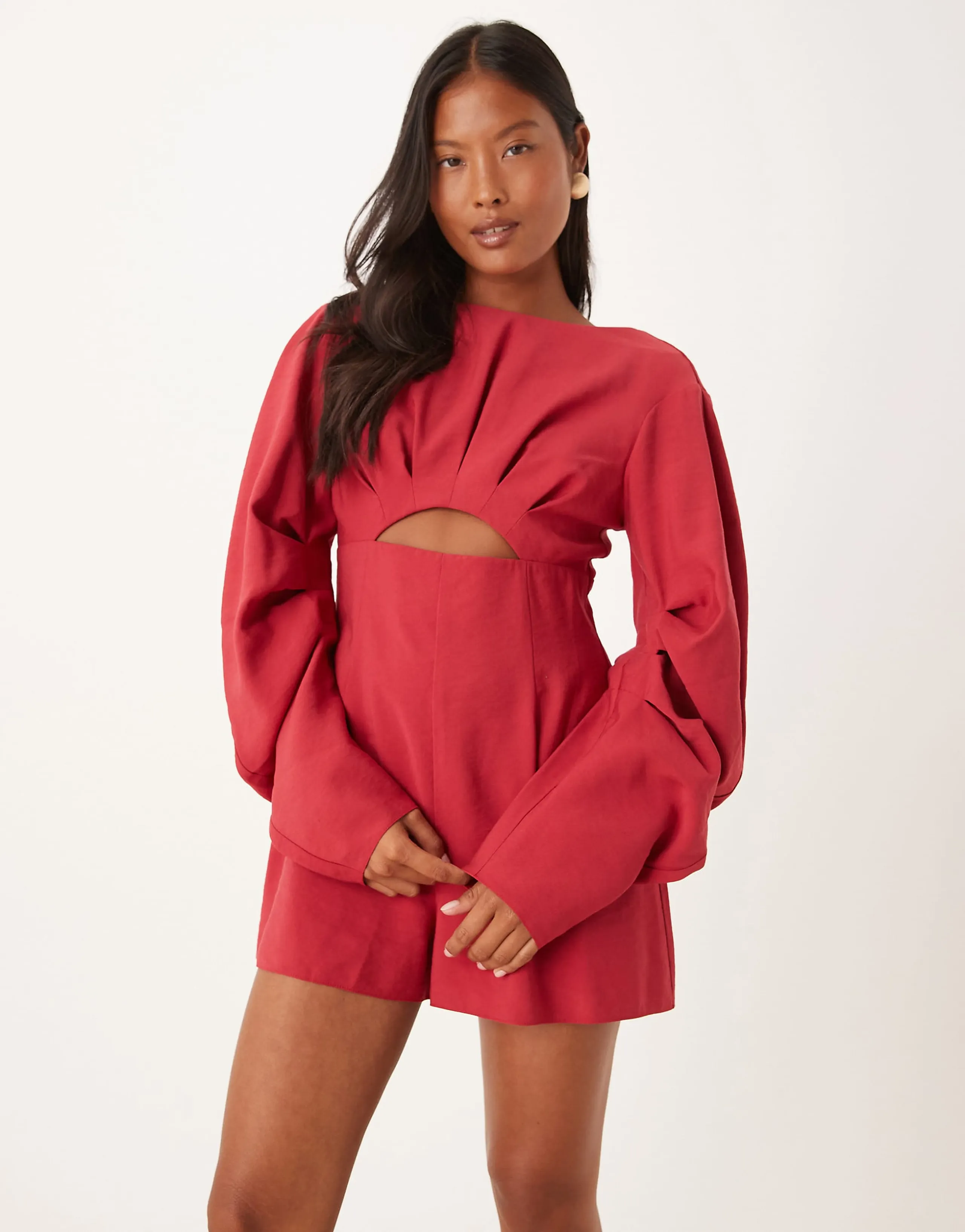 ASOS DESIGN Petite curved sleeve romper with pleating detail in raspberry