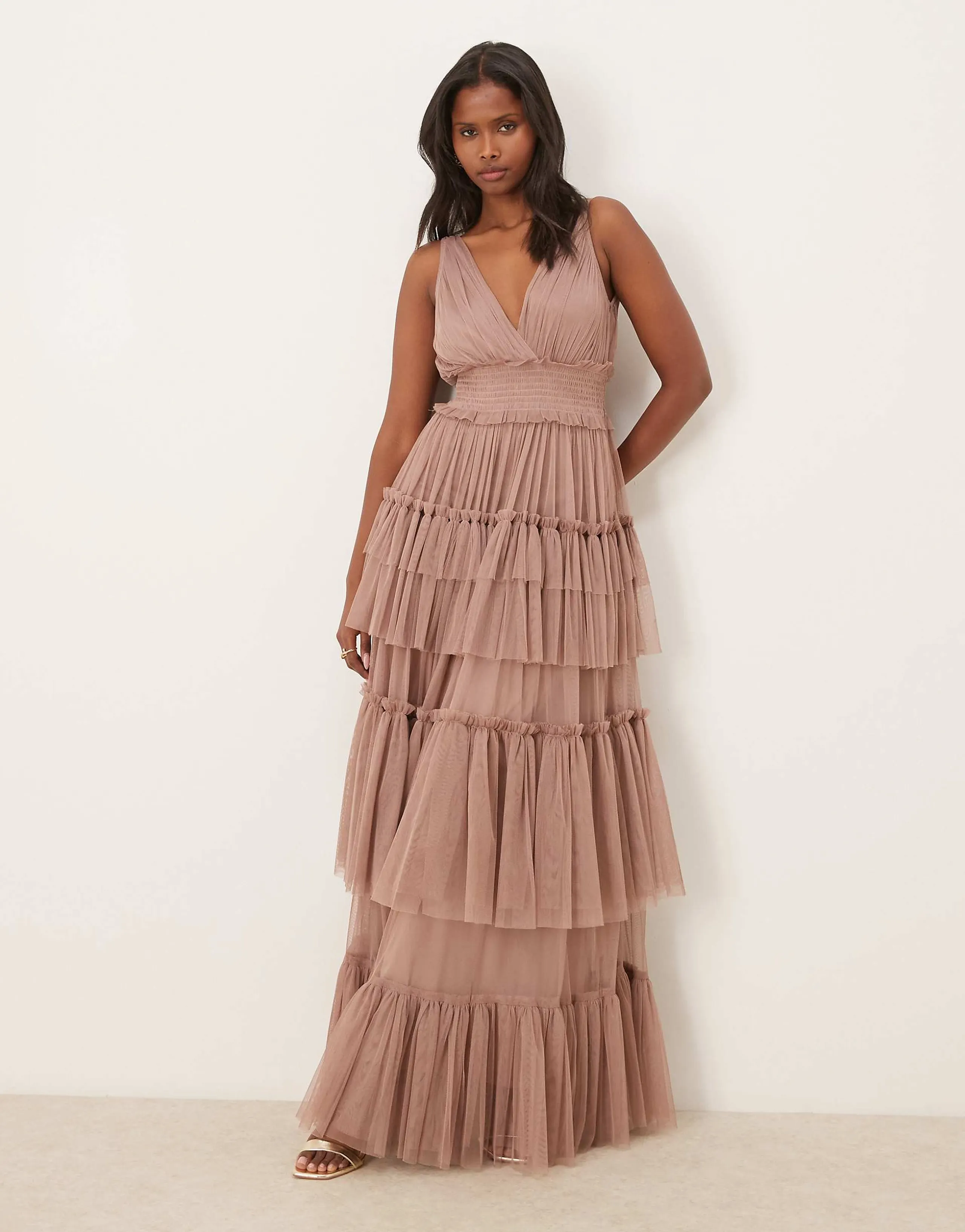 Lace & Beads Bridesmaid tulle sleeveless plunge neck tiered maxi dress in taupe
