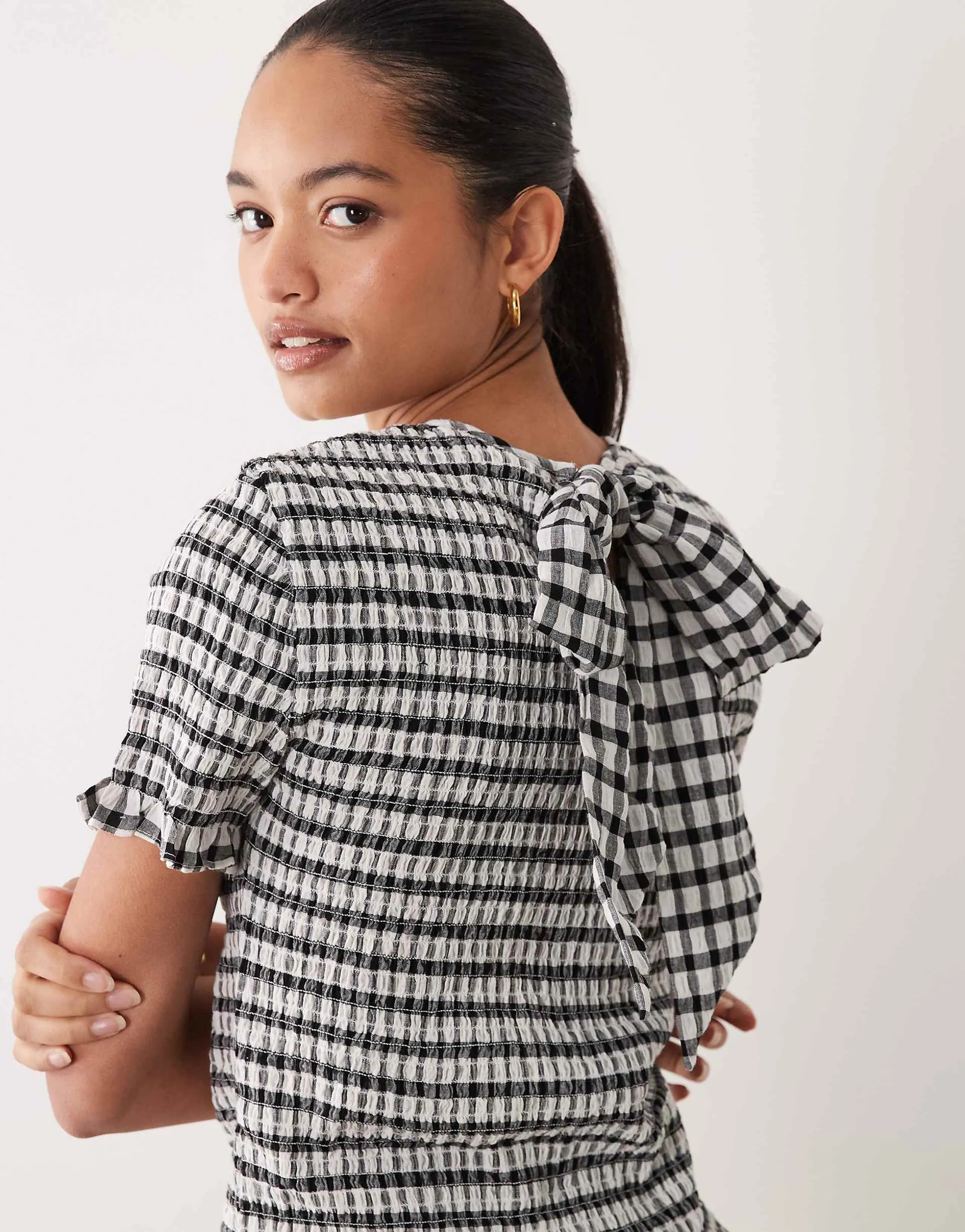 ASOS DESIGN shirred bow detail short sleeve top in gingham