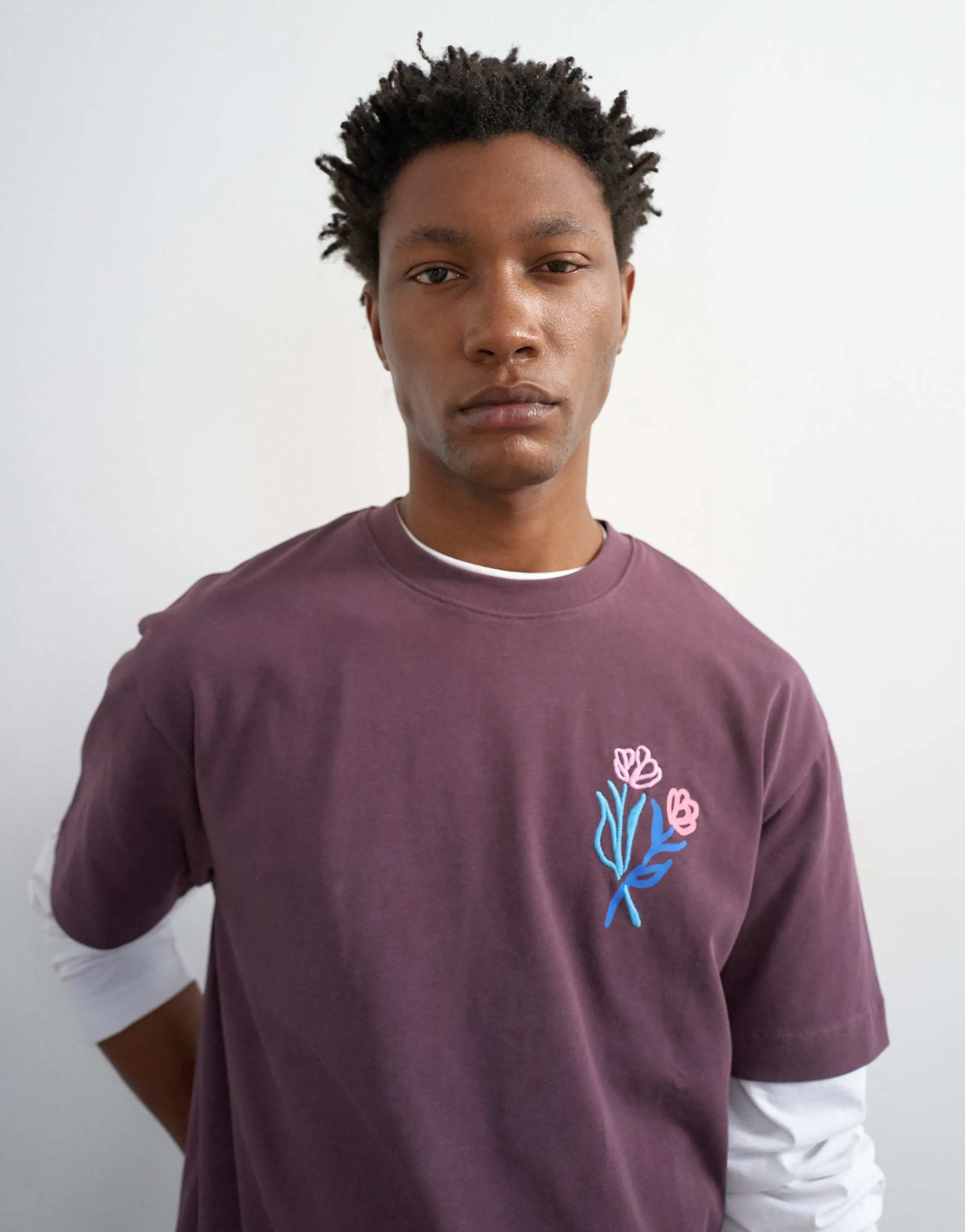 Topman relaxed fit t-shirt with front and black floral embroidery in purple