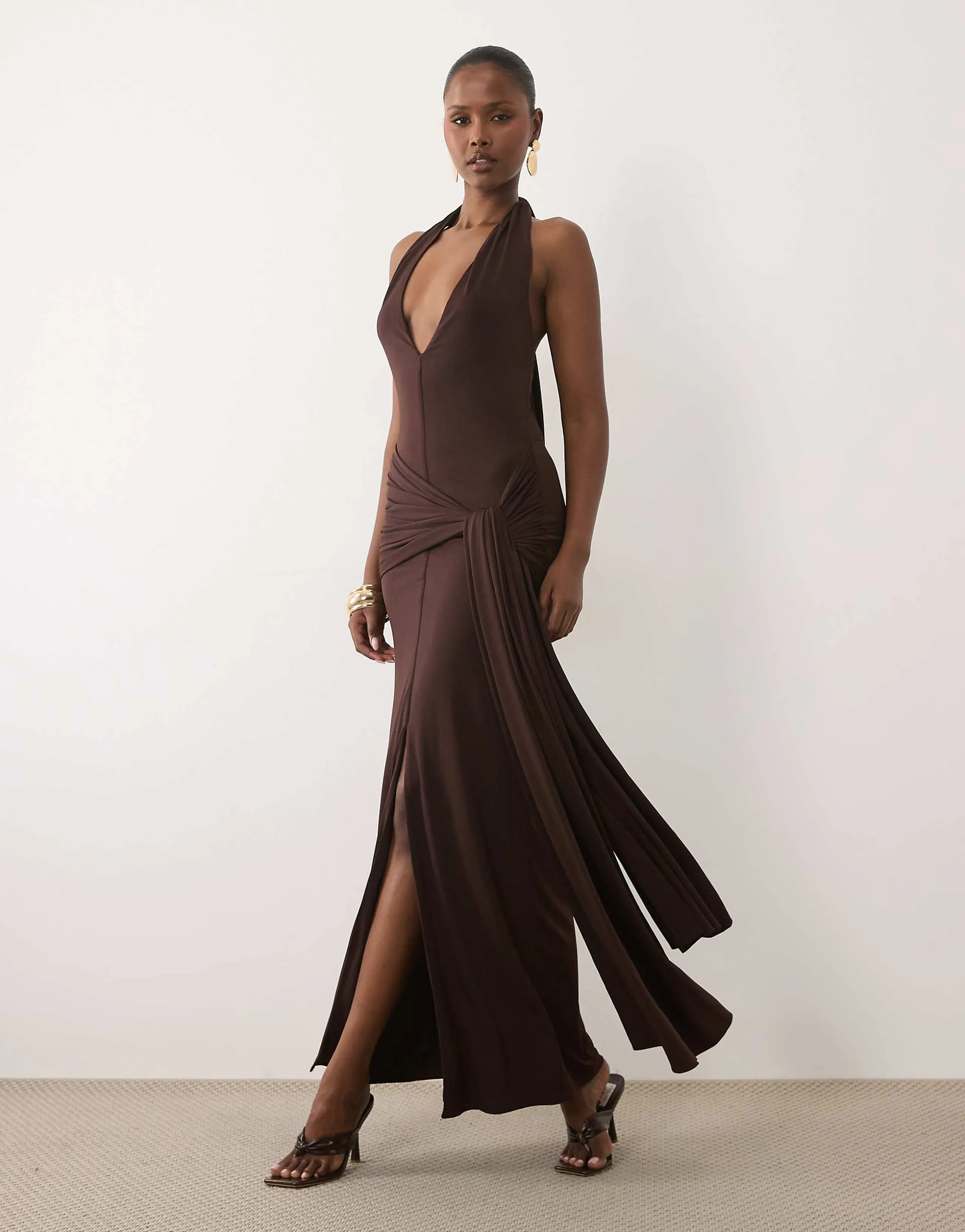 TFNC slinky plunge halter neck maxi dress in chocolate