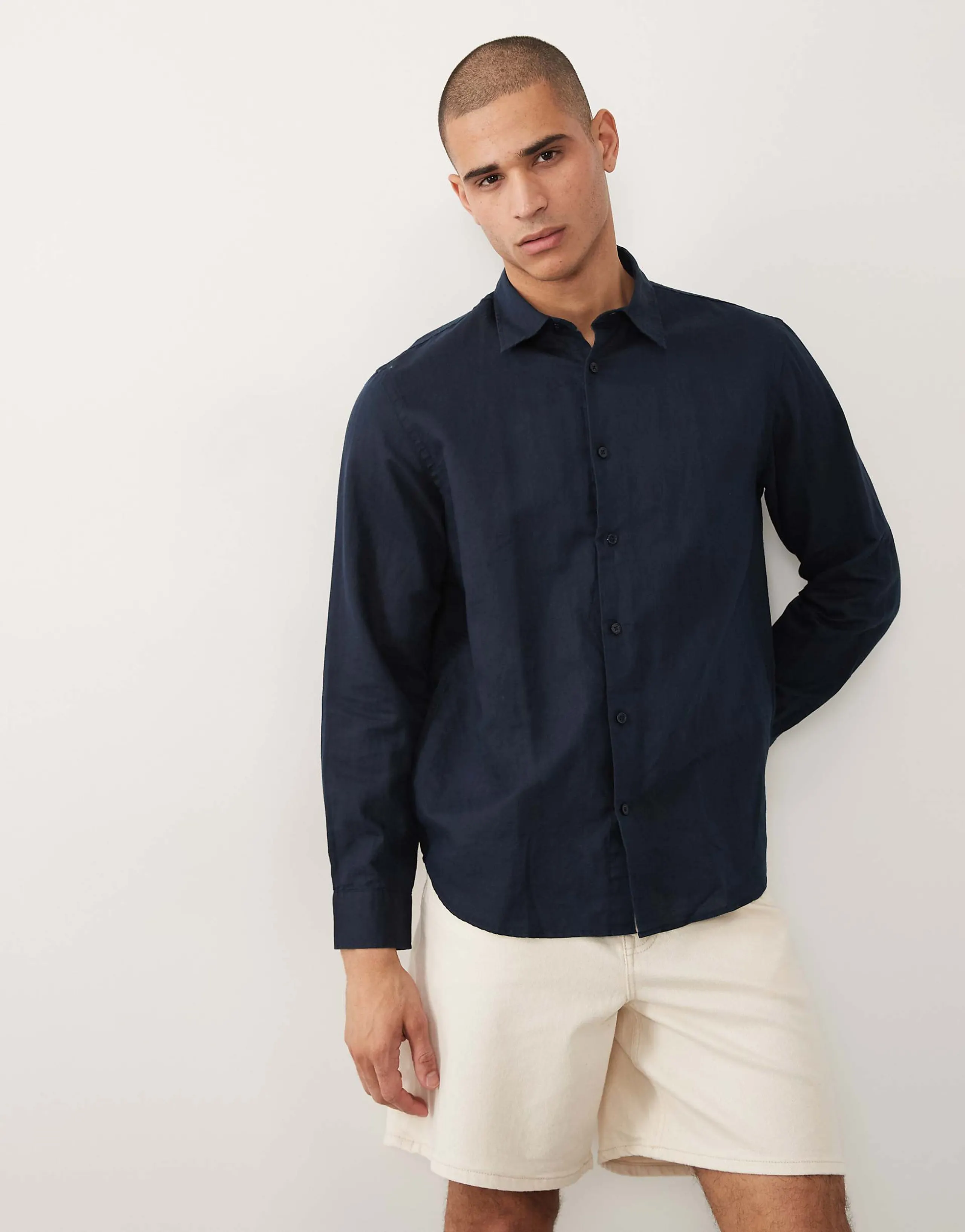 Selected linen blend long sleeve shirt in navy