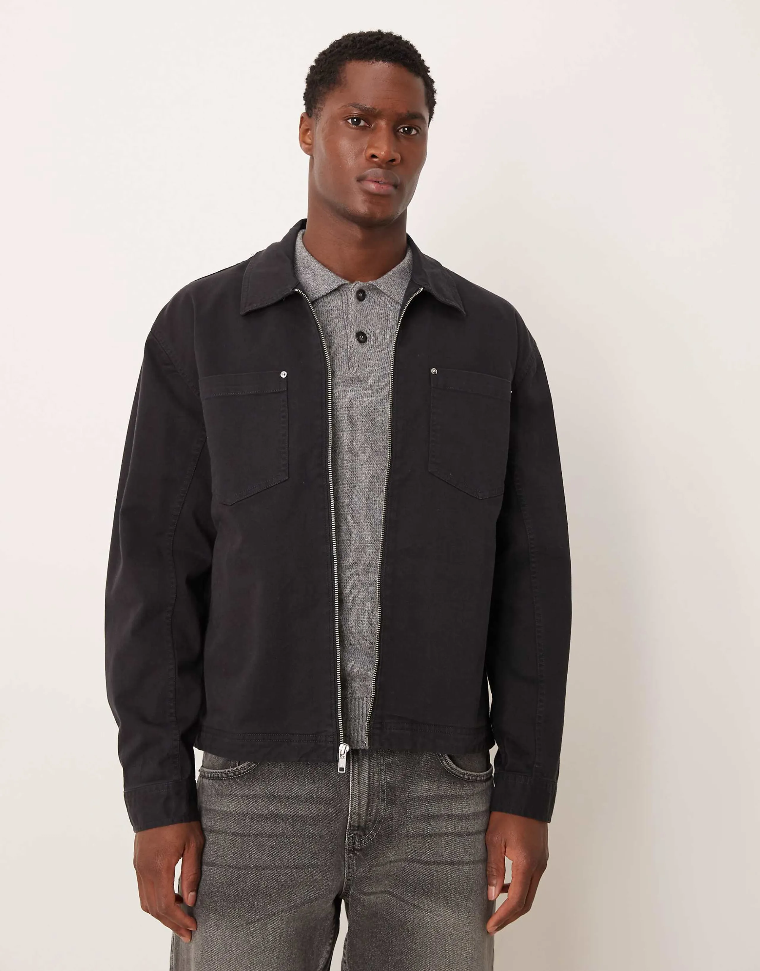 Abercrombie & Fitch oversized zip up shacket in black
