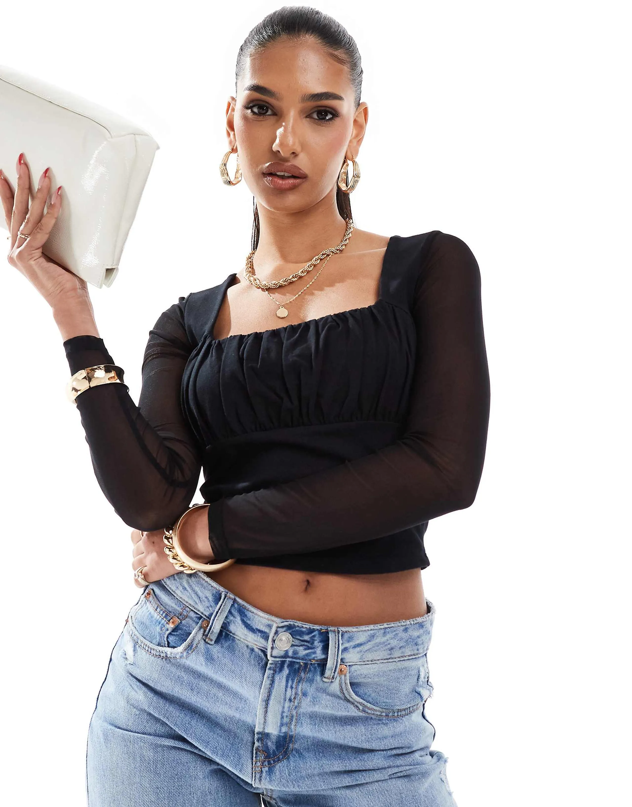ASOS DESIGN square neck top with mesh sleeve in black