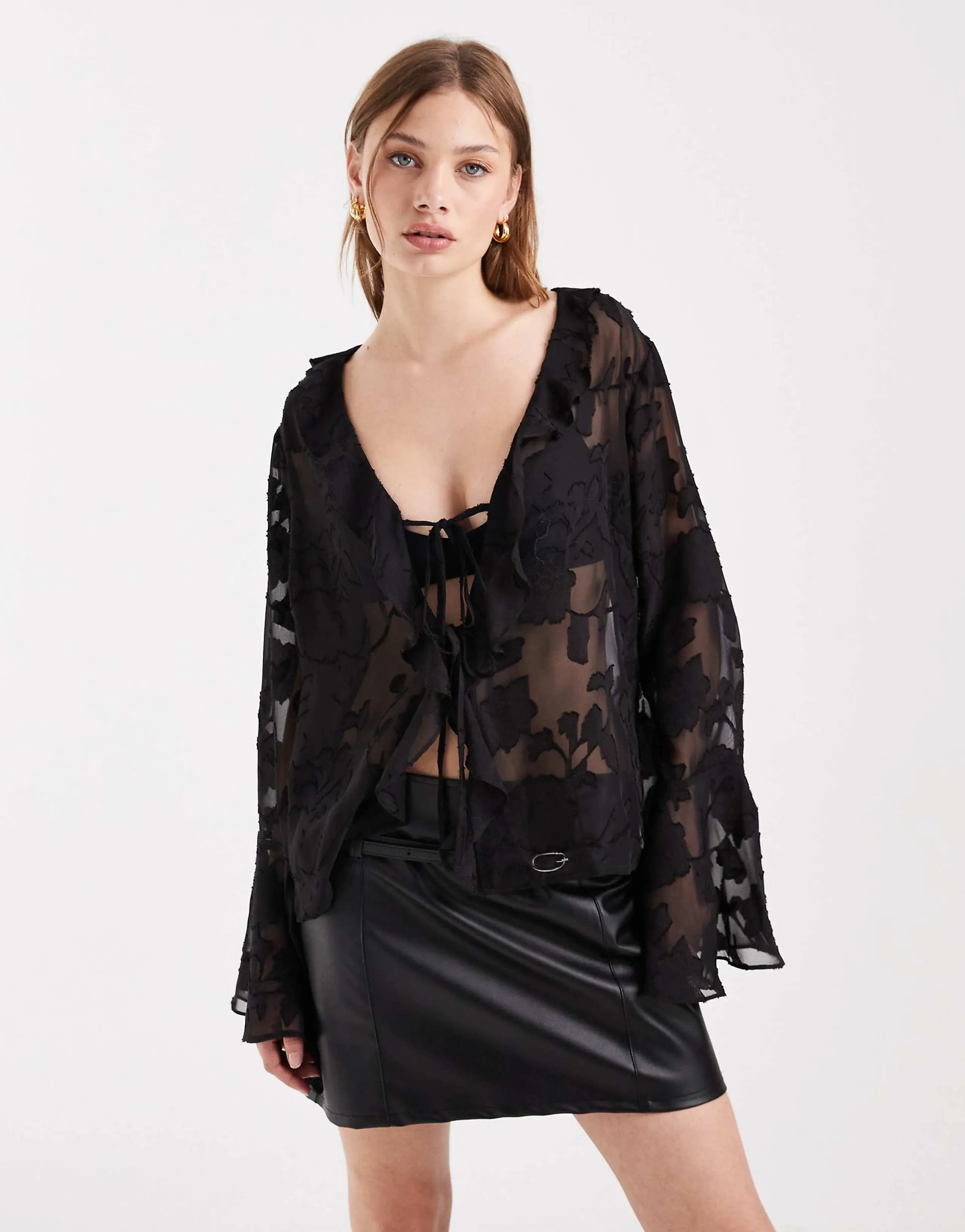 Pieces tie front sheer floral top in black 
