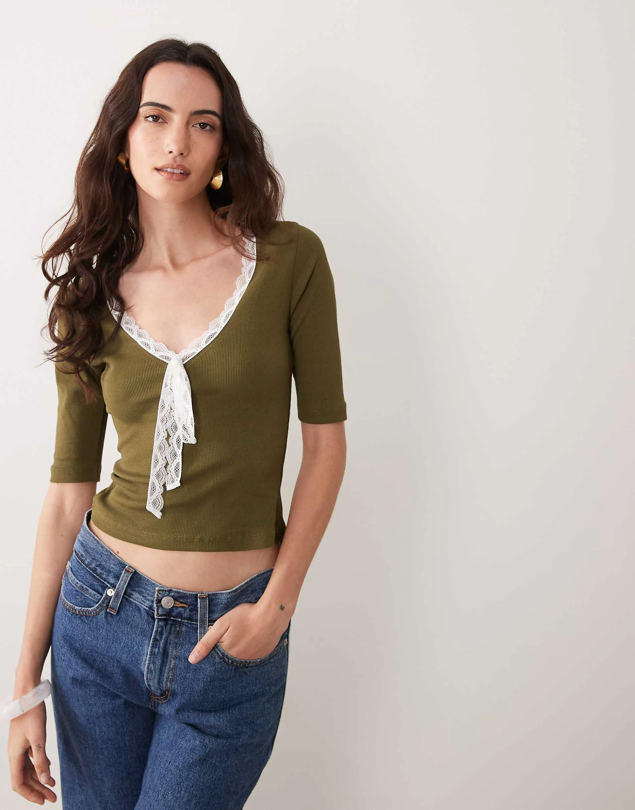 Miss Selfridge 3/4 sleeve v-neck top with bow in khaki green