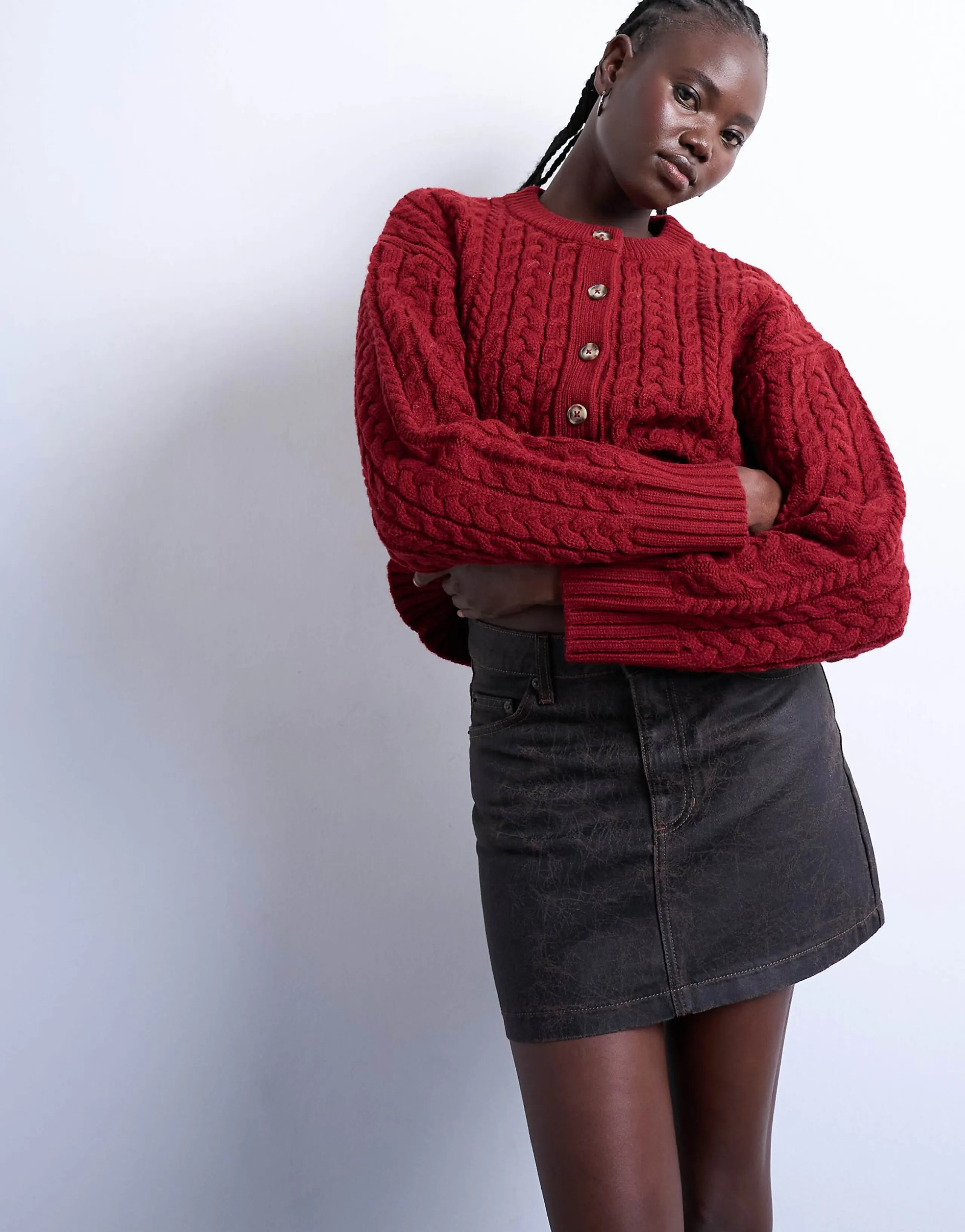 Topshop denim mini pelmet skirt in brown crackle