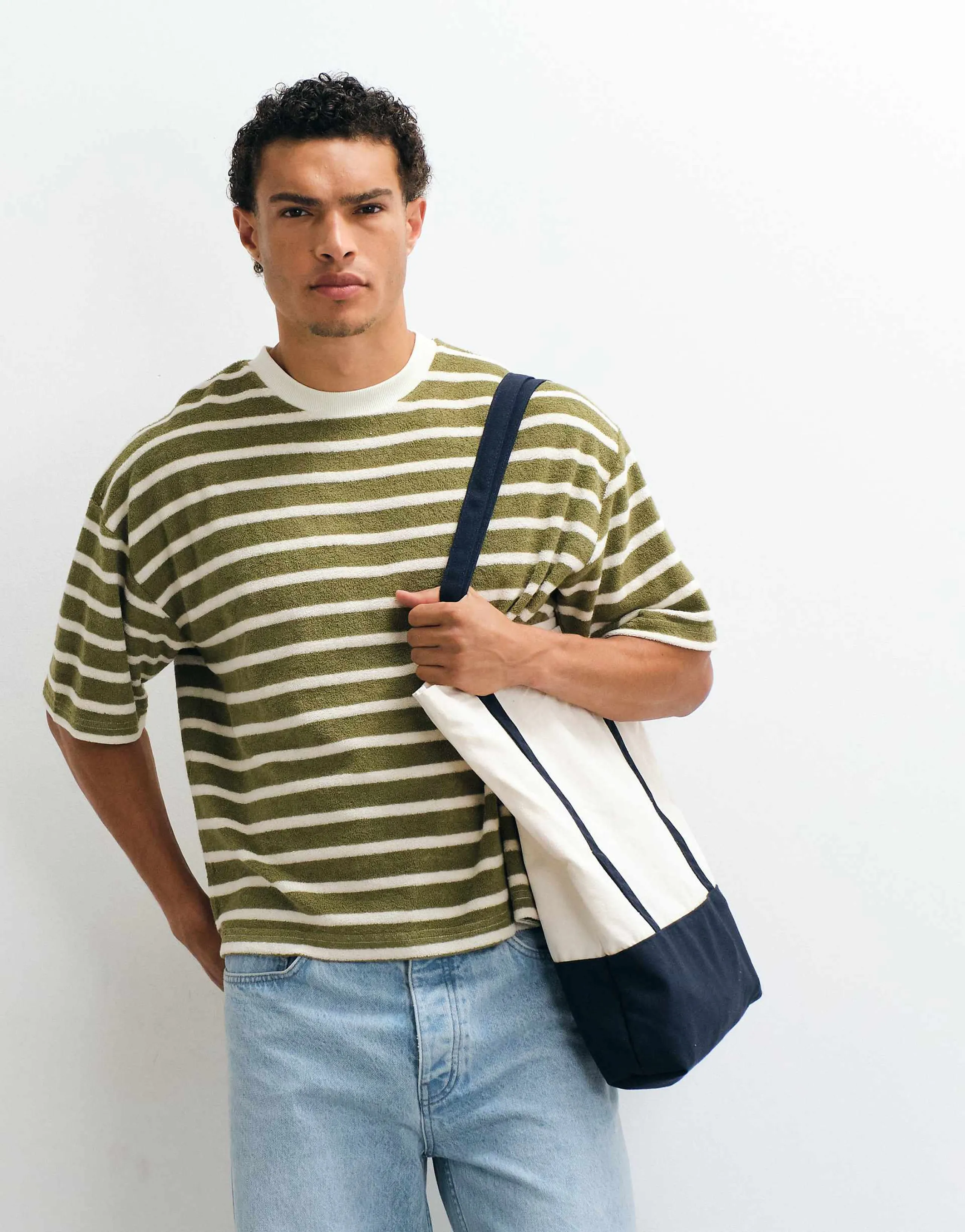 ASOS DESIGN heavyweight boxy oversized T-shirt in green stripes terrycloth
