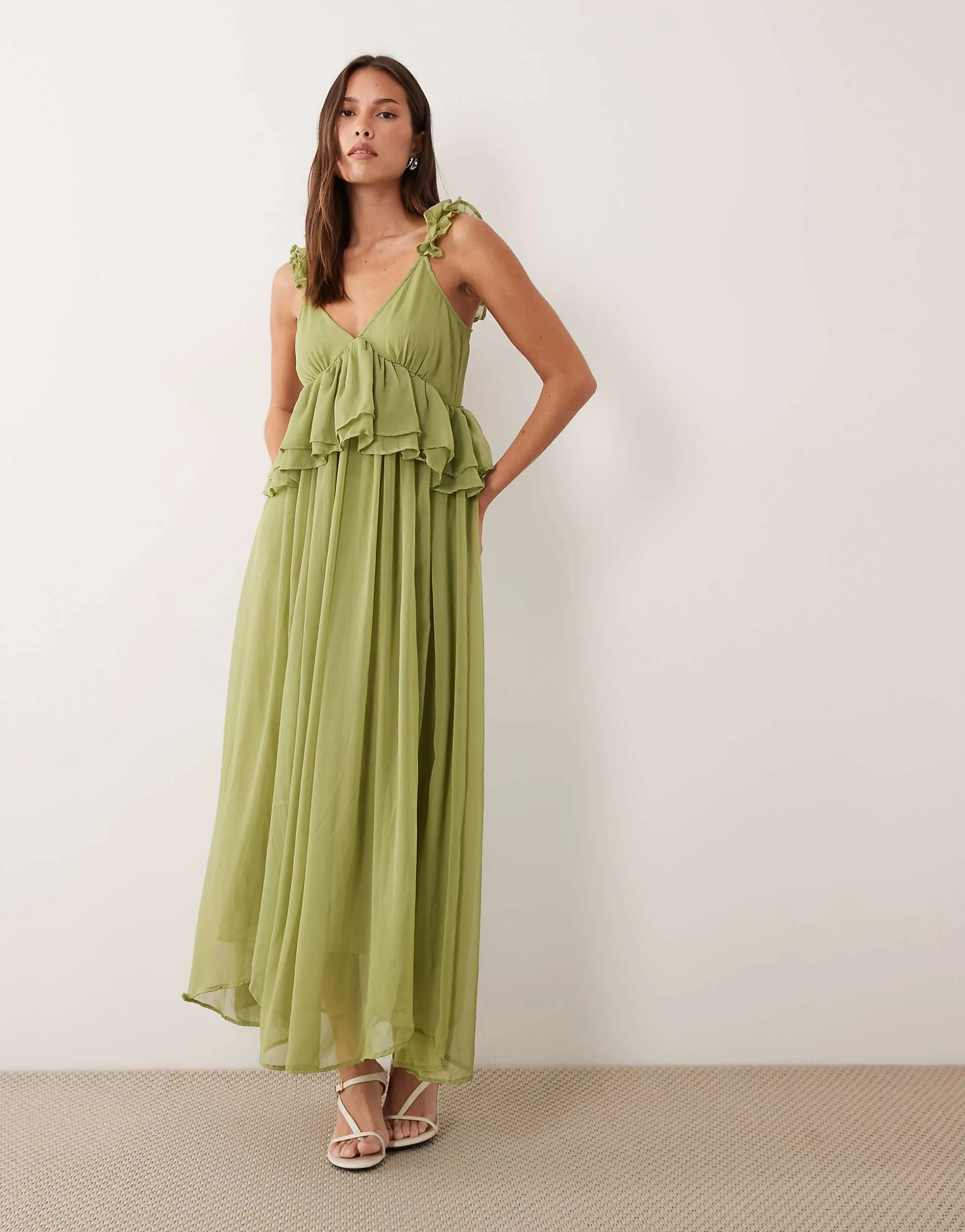VILA ruffle strap chiffon maxi dress in deep sage