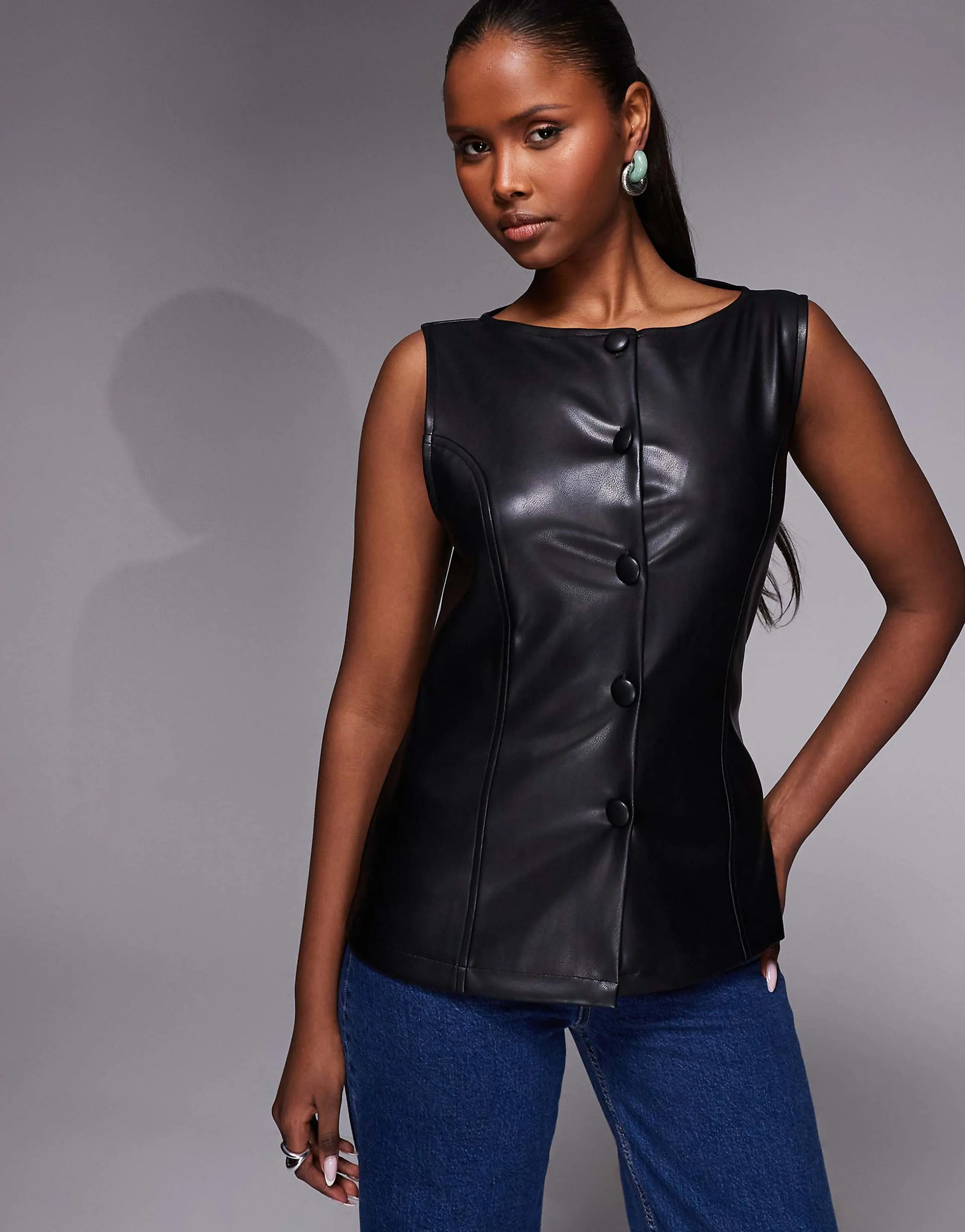 ASOS DESIGN button up sleeveless pu top in black