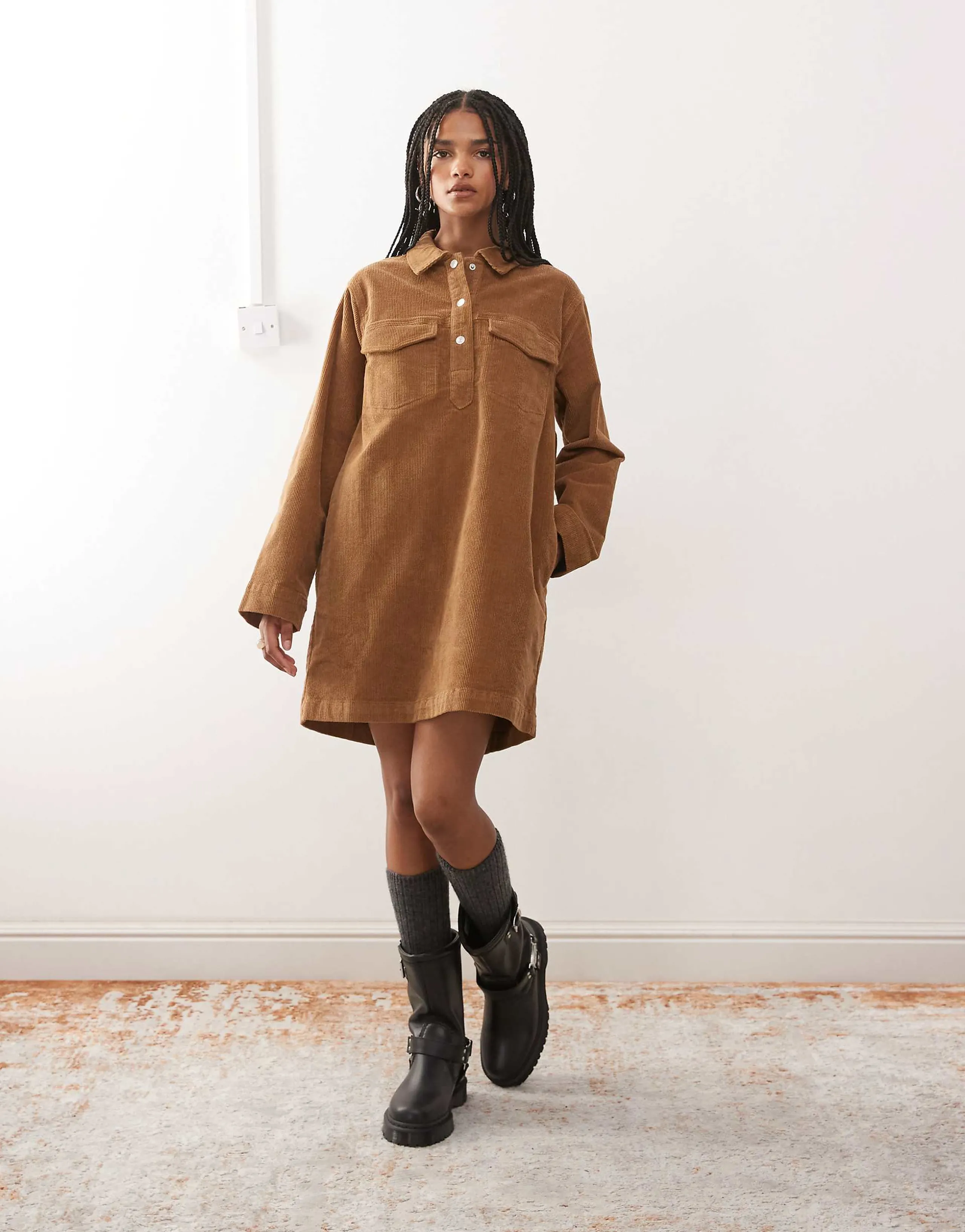 Noisy May corduroy mini dress in warm brown
