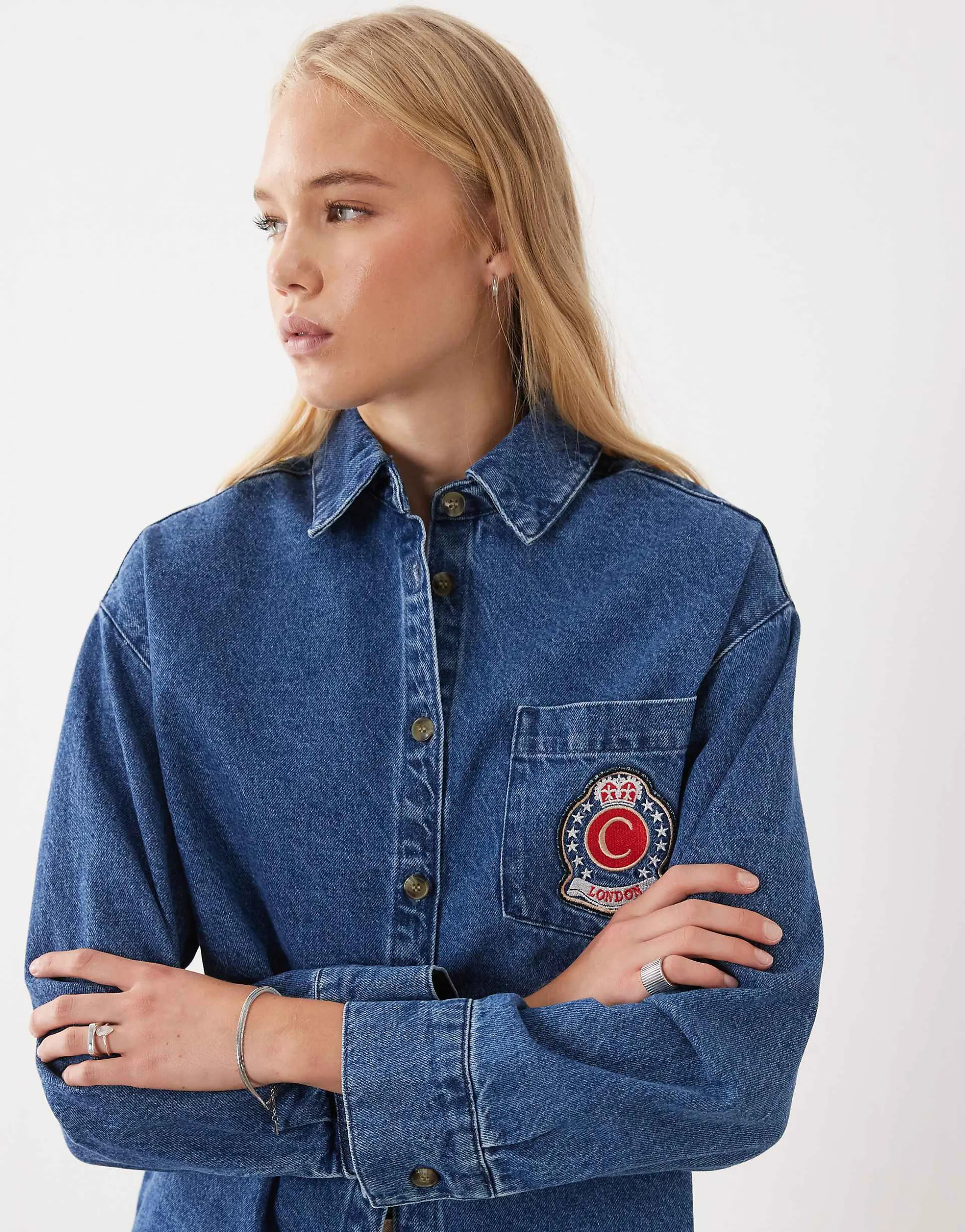 ASOS DESIGN denim oversized shirt with embroidery detail in rich blue