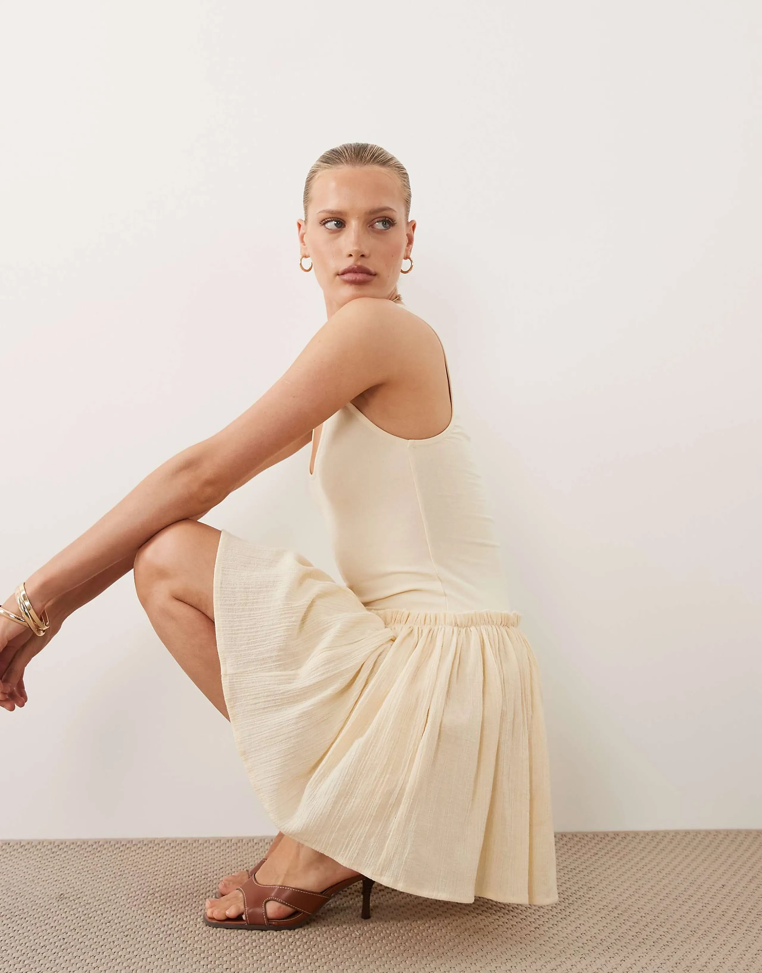 ASOS DESIGN dropped waist mini dress with crinkle cotton skirt in buttermilk