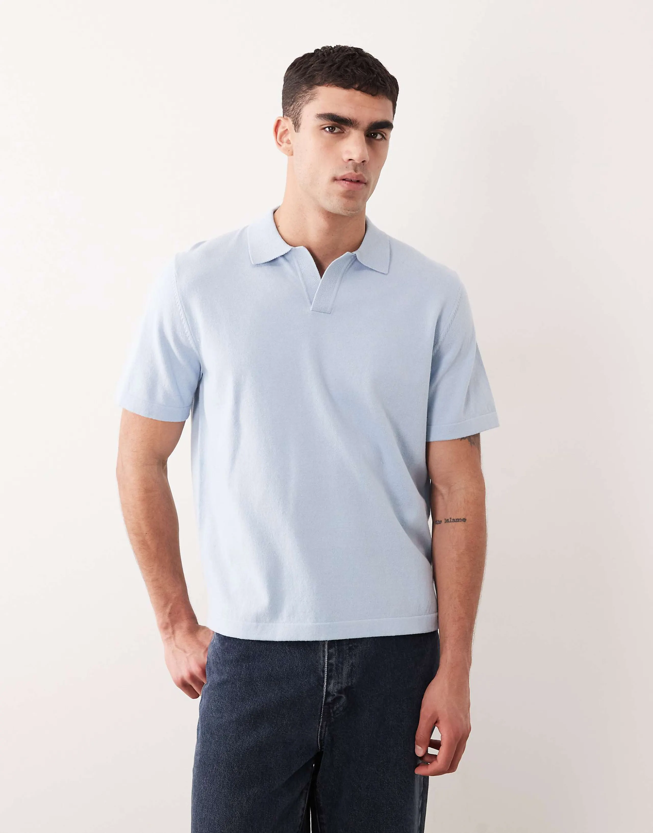 ASOS DESIGN Essential relaxed fine-knit notch polo in blue
