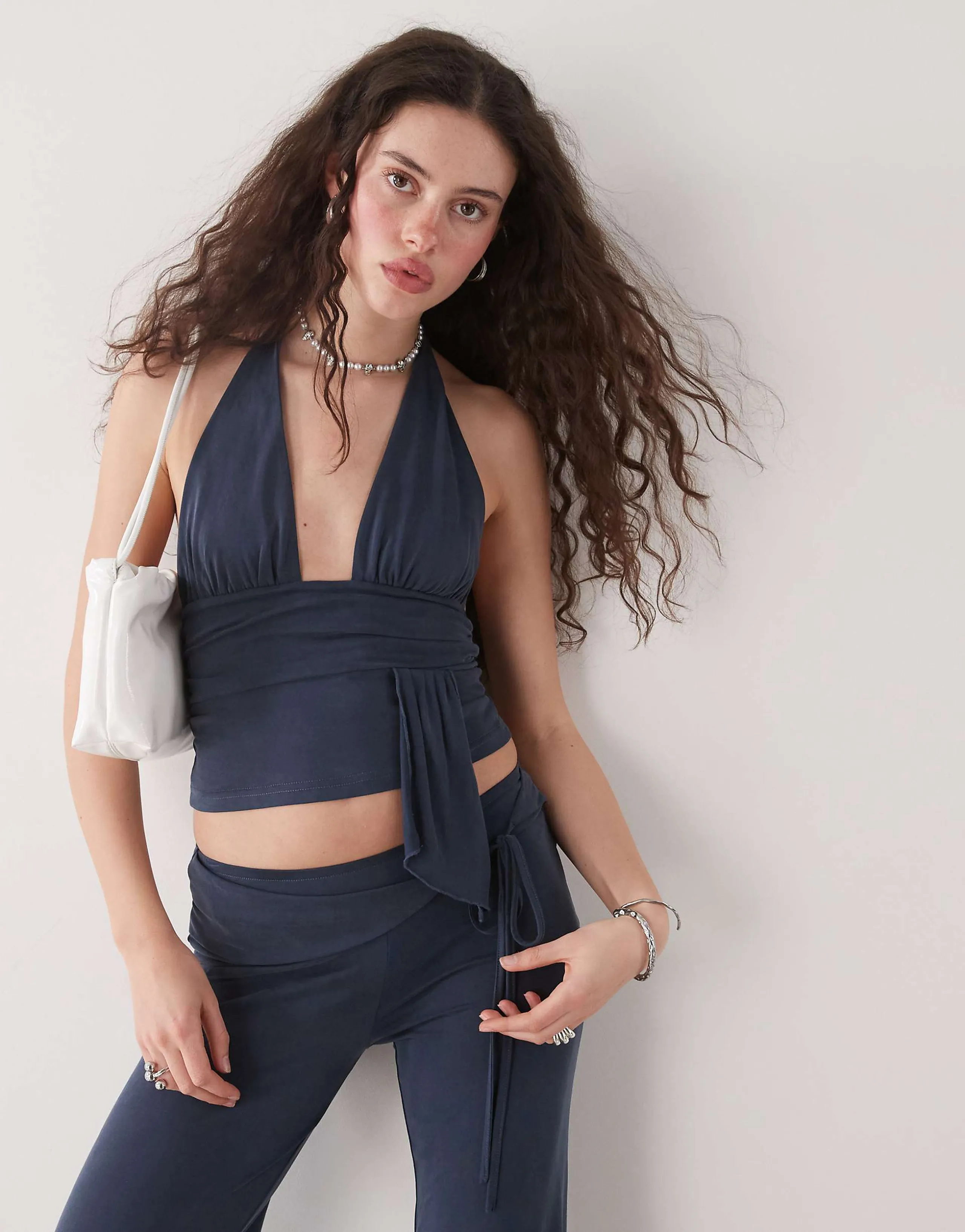 Motel prilla slinky wrap detail halter top in ocean storm blue - part of a set
