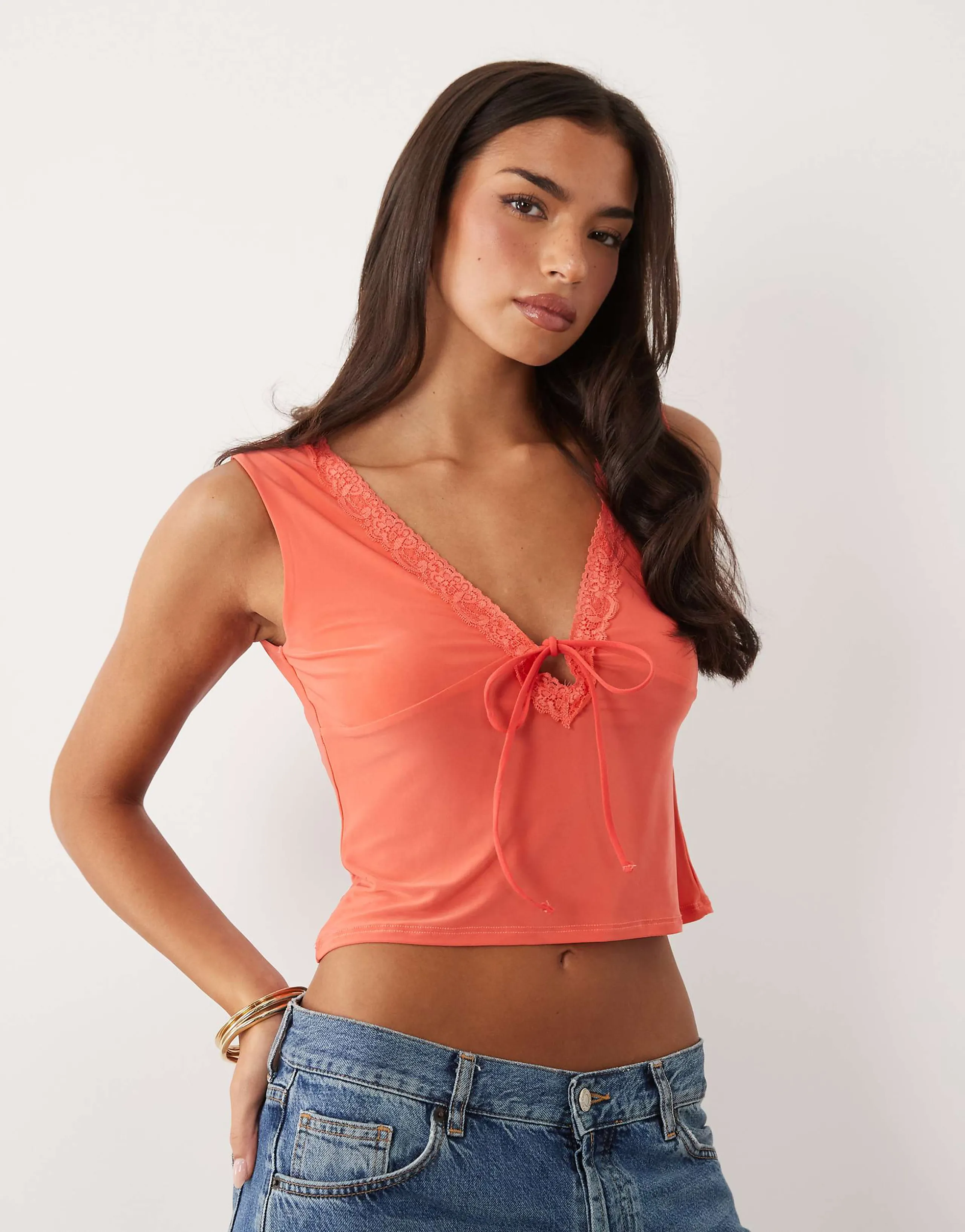 ASOS DESIGN slinky lace trim top in coral