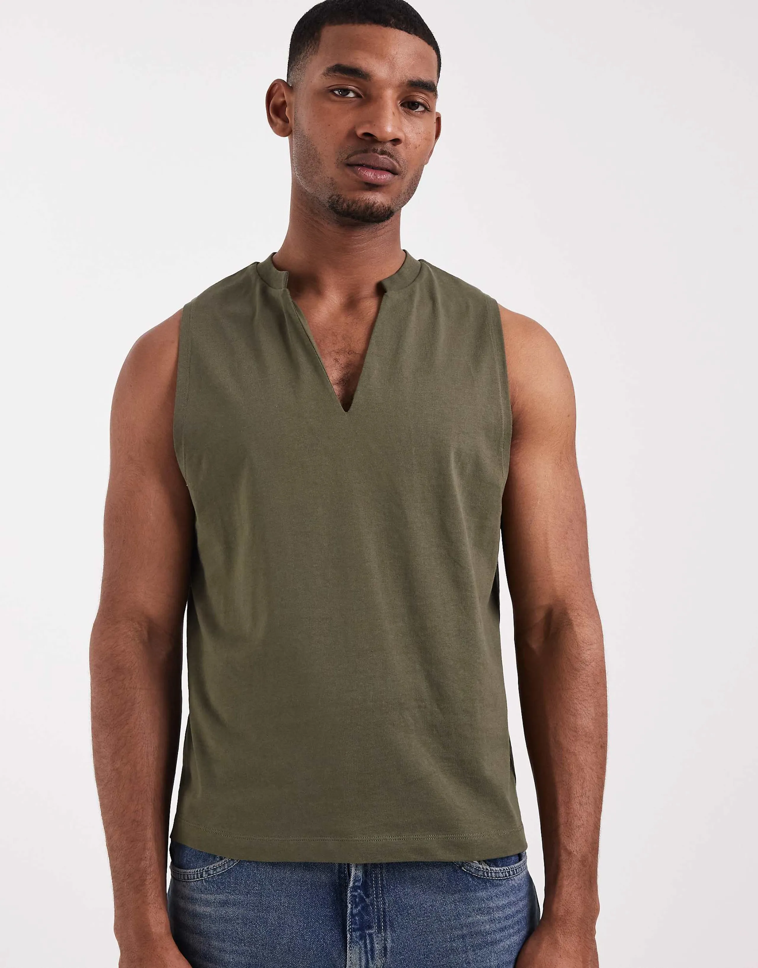 ASOS DESIGN regular fit boxy oversized tank with v neck in khaki