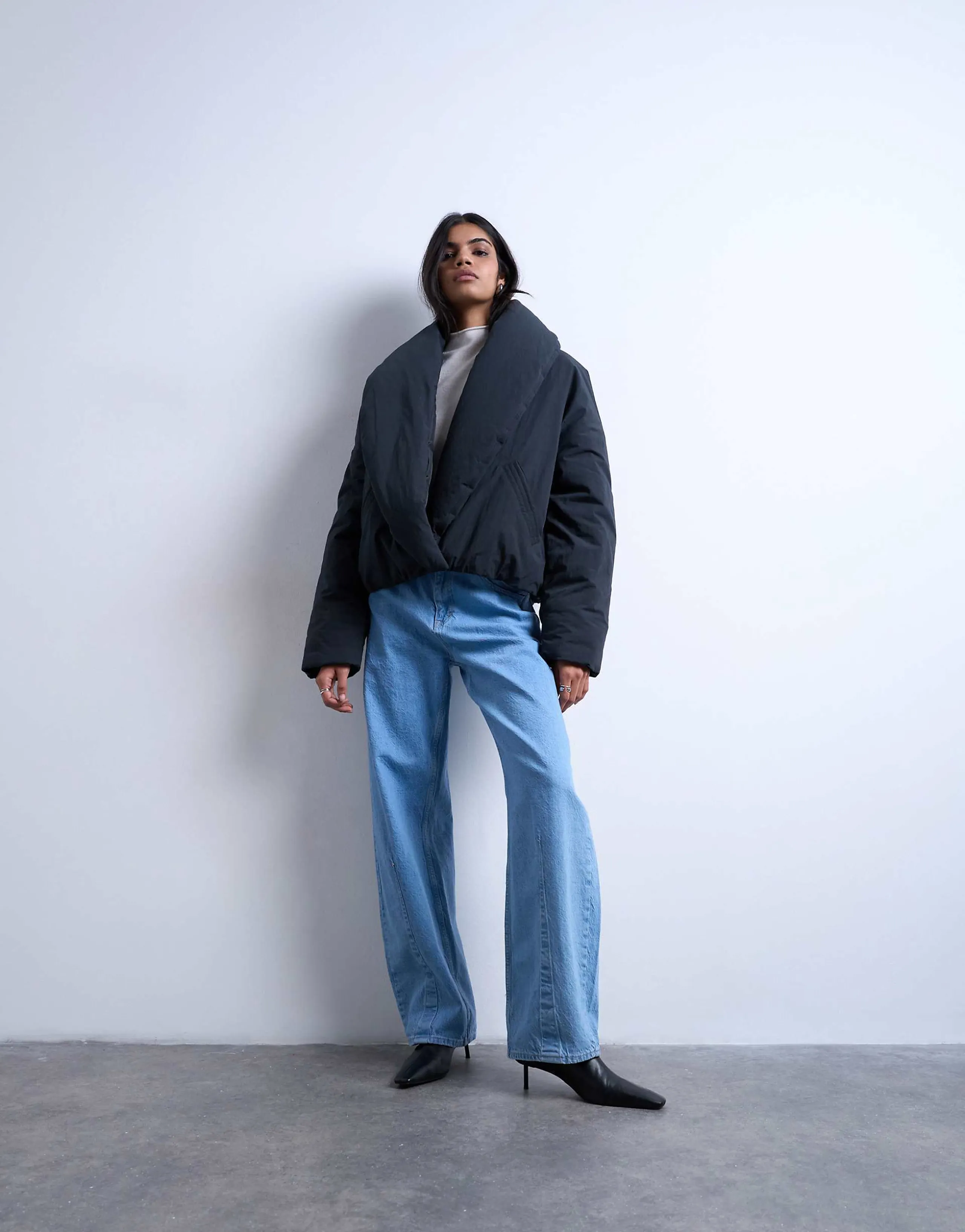 Topshop padded shawl puffer jacket in washed black