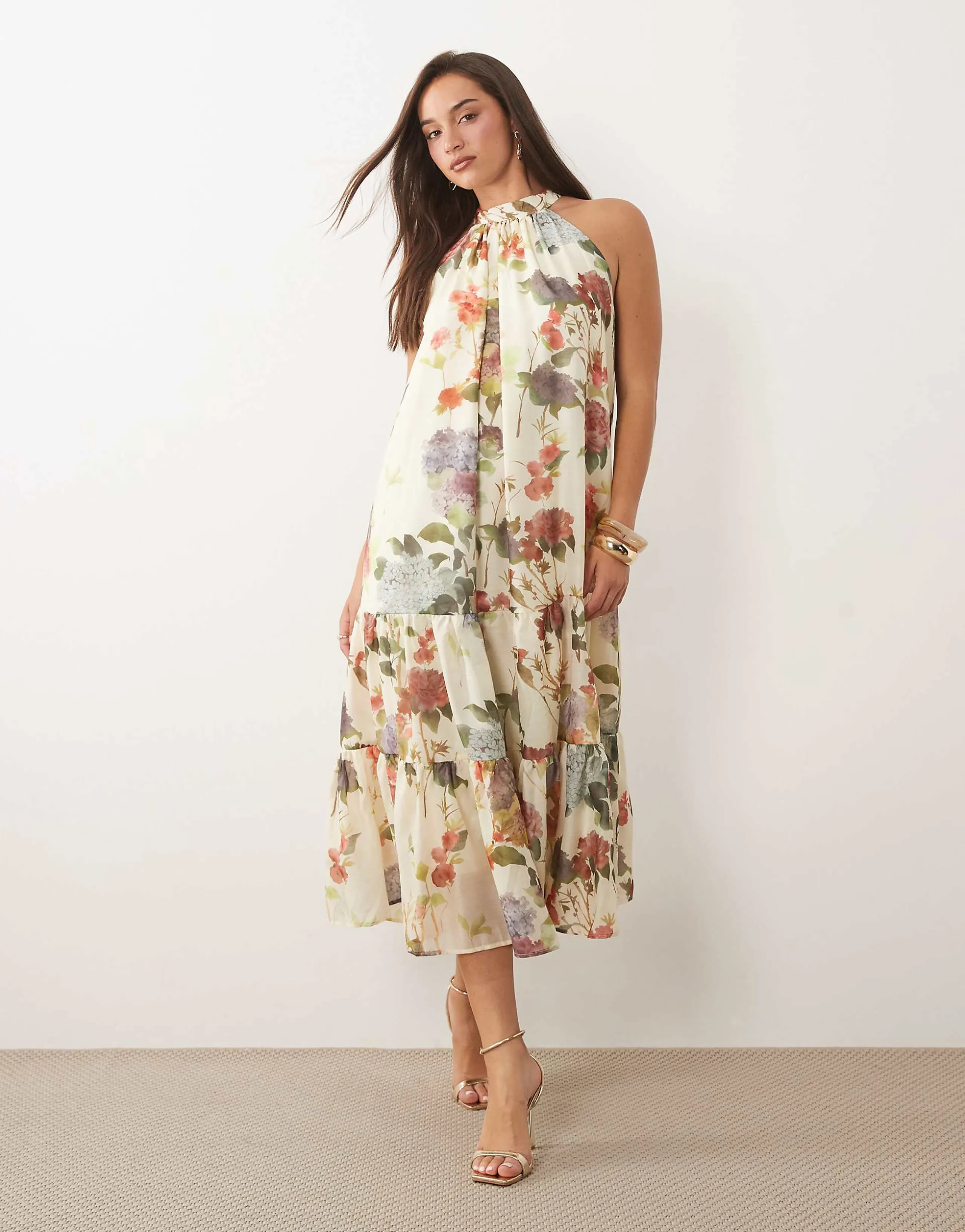 VILA halter neck tiered midi dress in garden floral print