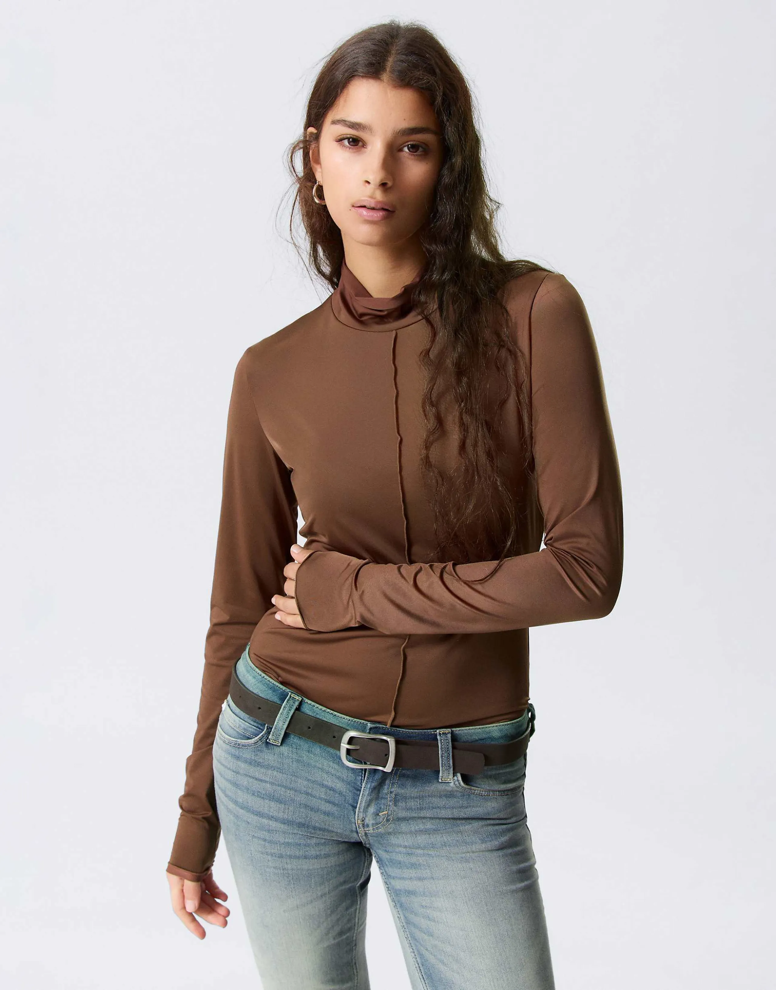 Monki turtleneck long sleeve top in chocolate