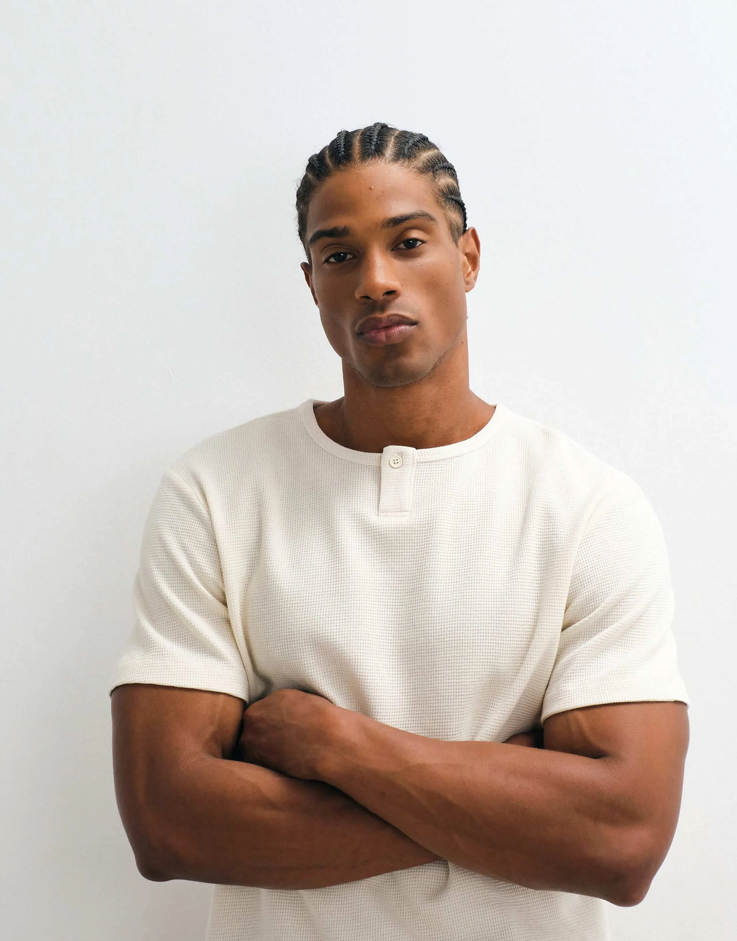 ASOS DESIGN regular T-shirt with short henley neck in cream waffle