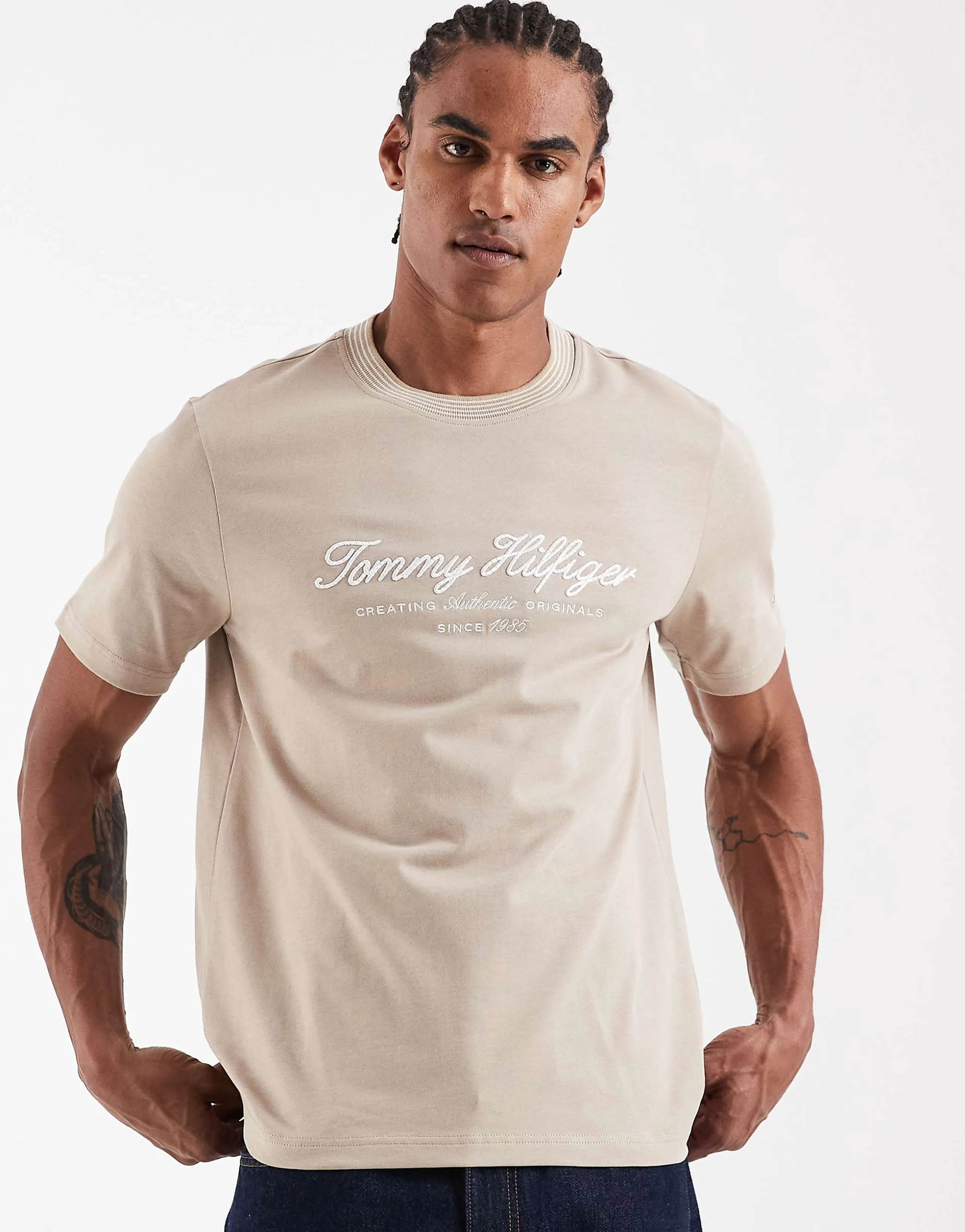 Tommy Hilfiger nautical tipped collar t-shirt in beige