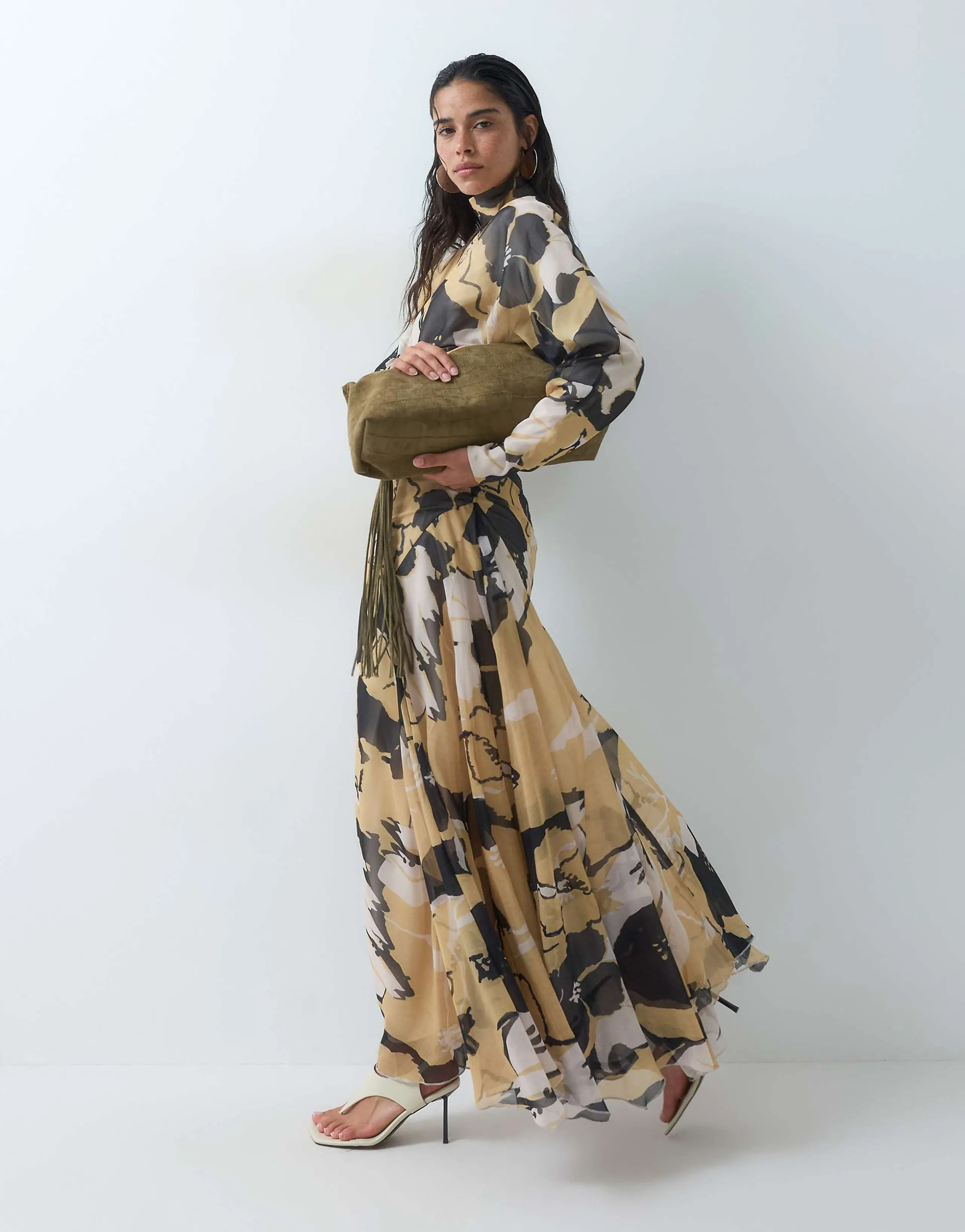 ASOS DESIGN high neck maxi dress with asymmetric waist in brown floral